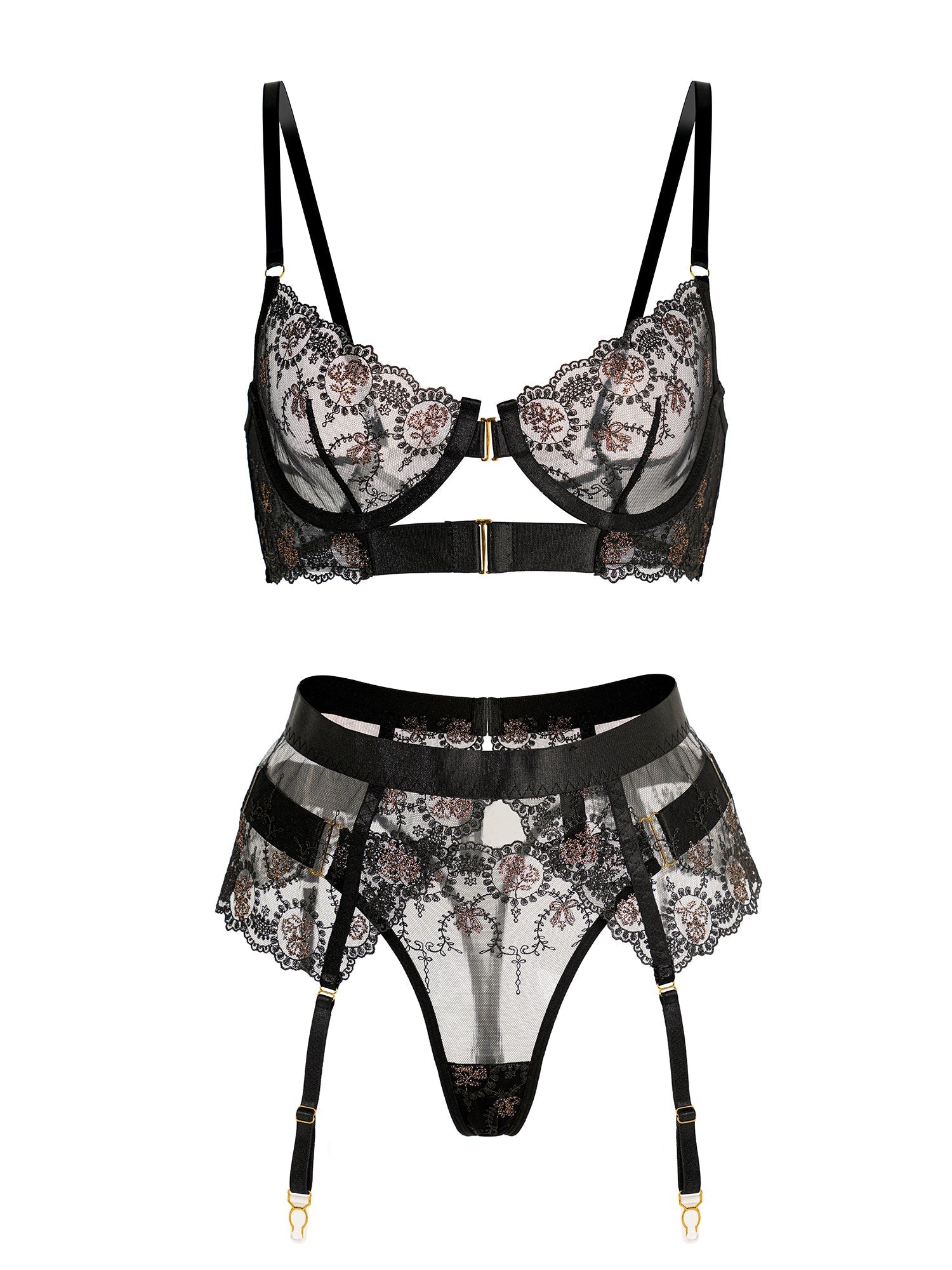 Sheer Black And Champagne Embroidered Lace Lingerie Set Hello.LA.Girl