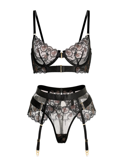 Sheer Black and Champagne Embroidered Lace Lingerie Set