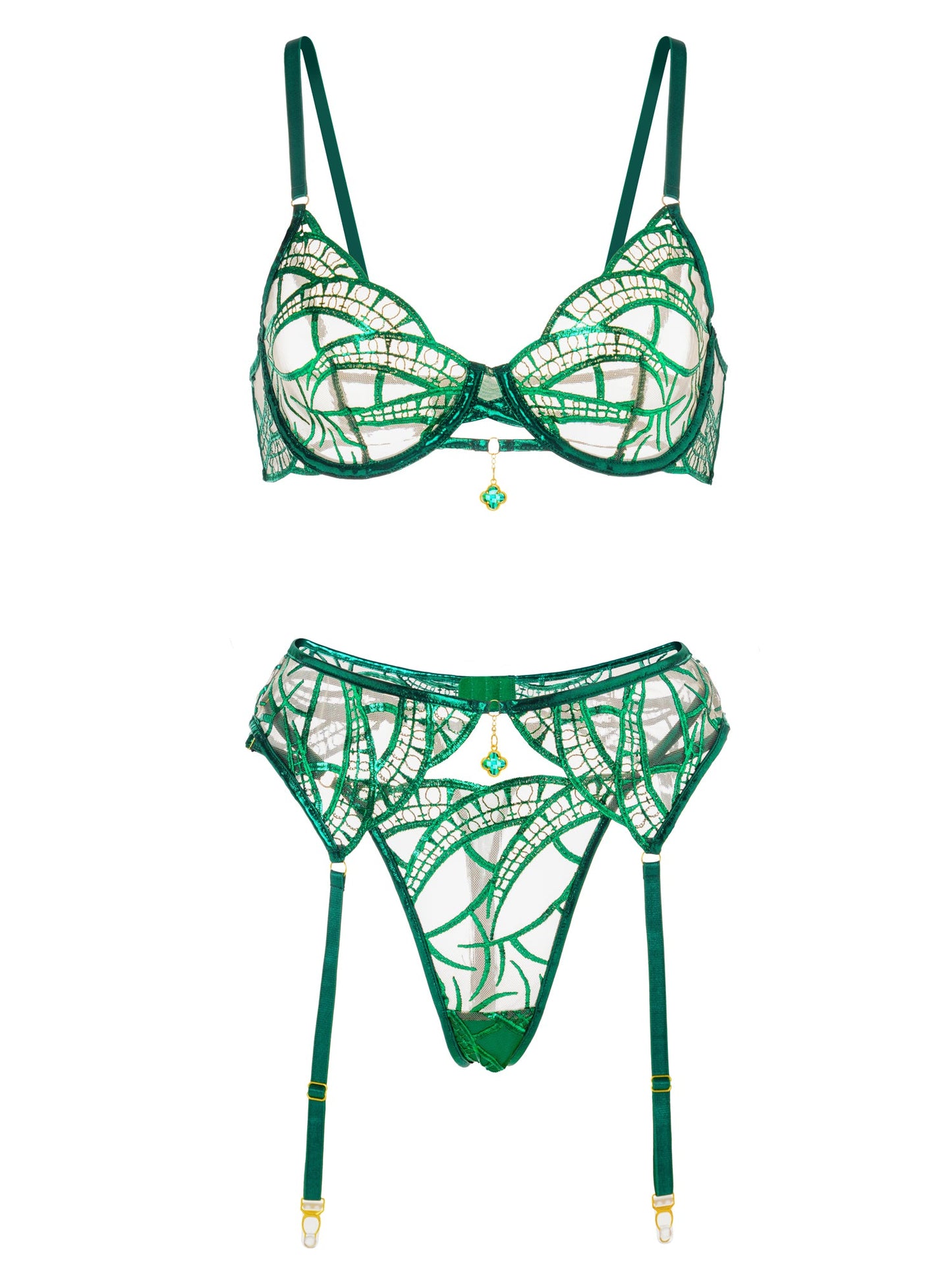 Luxe Green Metallic Foil Lace Lingerie Set for Elegance