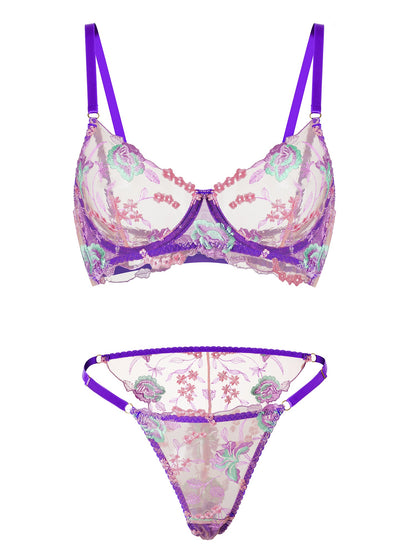 Purple Petal Embroidered Lingerie Set for Romantic Nights