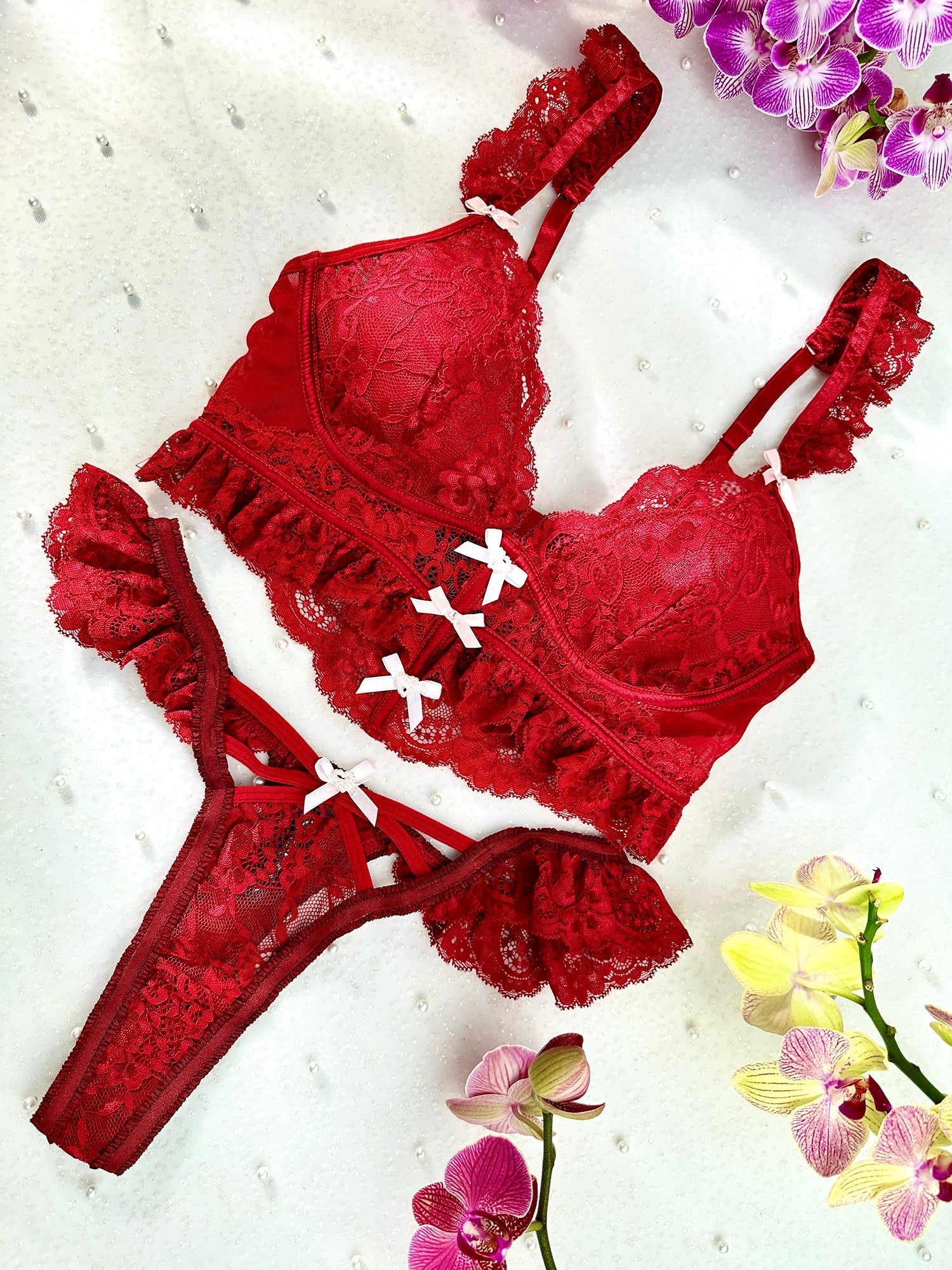 Scarlett Temptation Red Lace Lingerie Set With Sheer Mesh Hello.LA.Girl