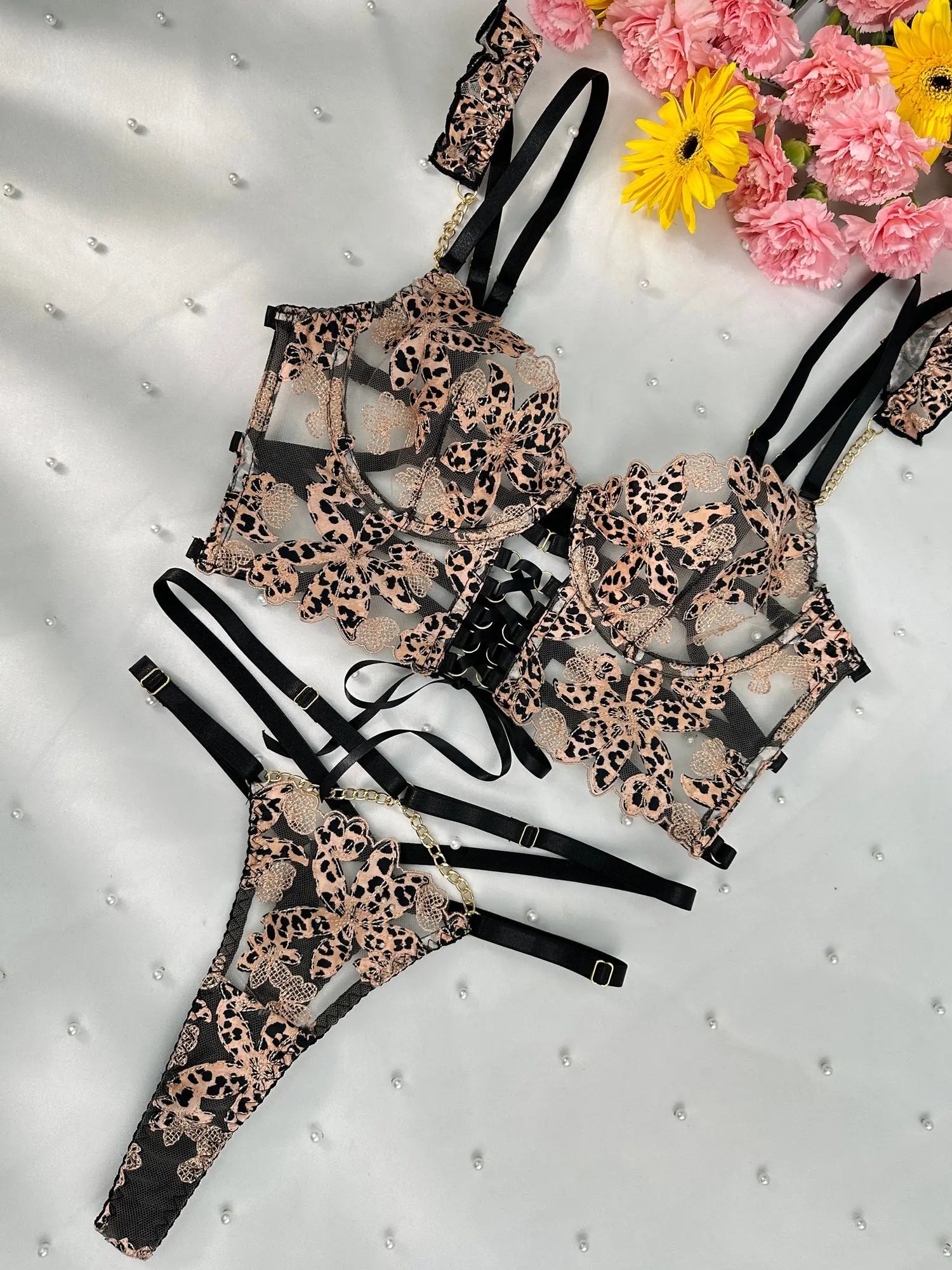 Leopard Flower Lace Lingerie Set Hello.LA.Girl
