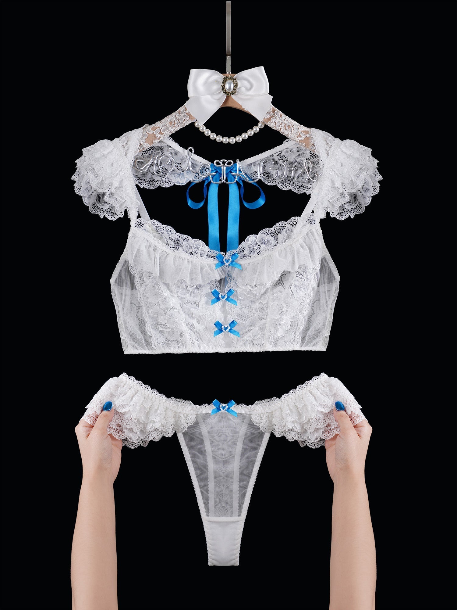Lily Grace Lace Lingerie Set White With Blue Satin Bows Hello.LA.Girl