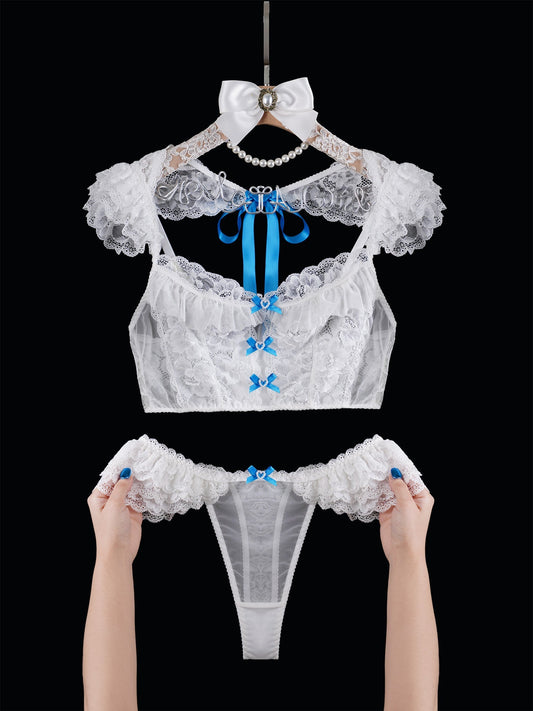 Lily Grace Lace Lingerie Set White With Blue Satin Bows Hello.LA.Girl