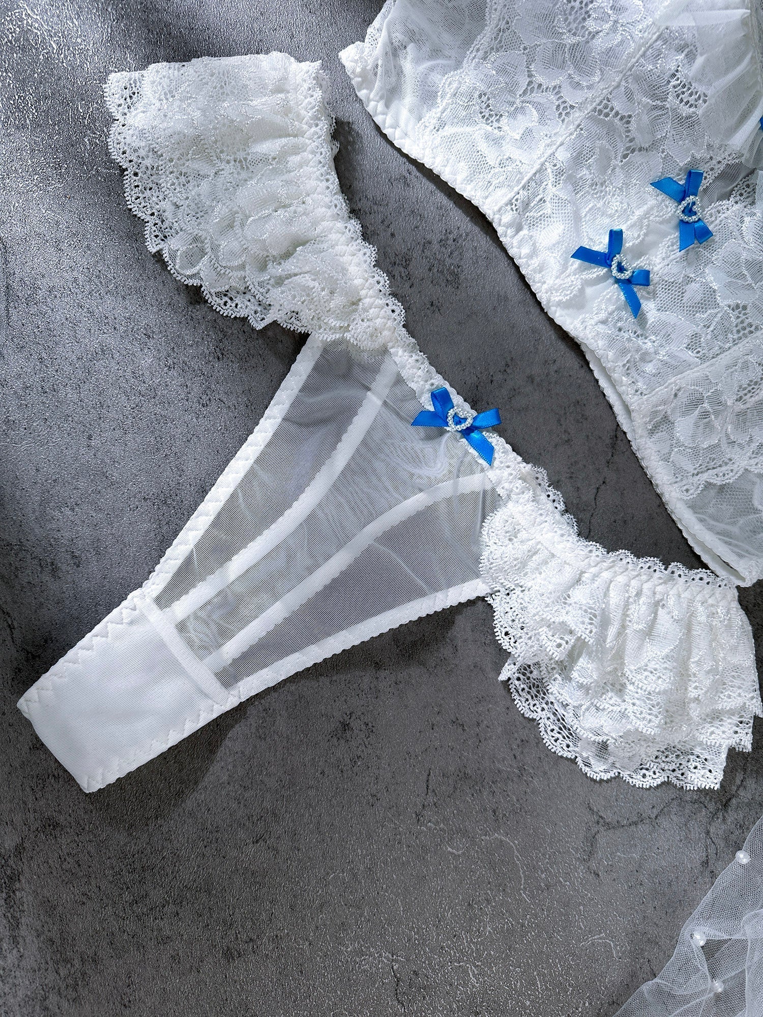 Lily Grace Lace Lingerie Set White With Blue Satin Bows Hello.LA.Girl