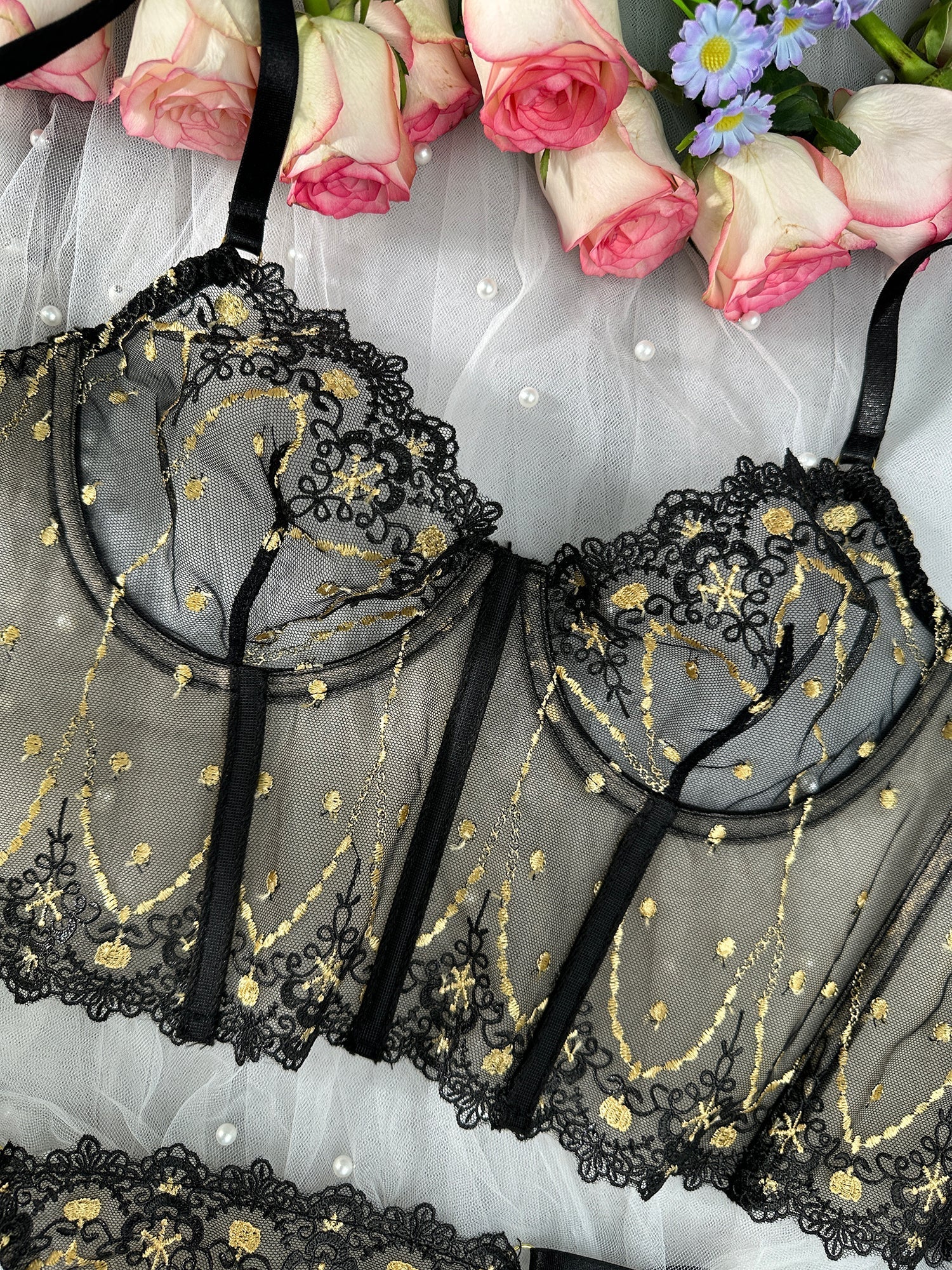 Chic Luxe Noir Gold Lingerie Set With Black Lace Details Hello.LA.Girl