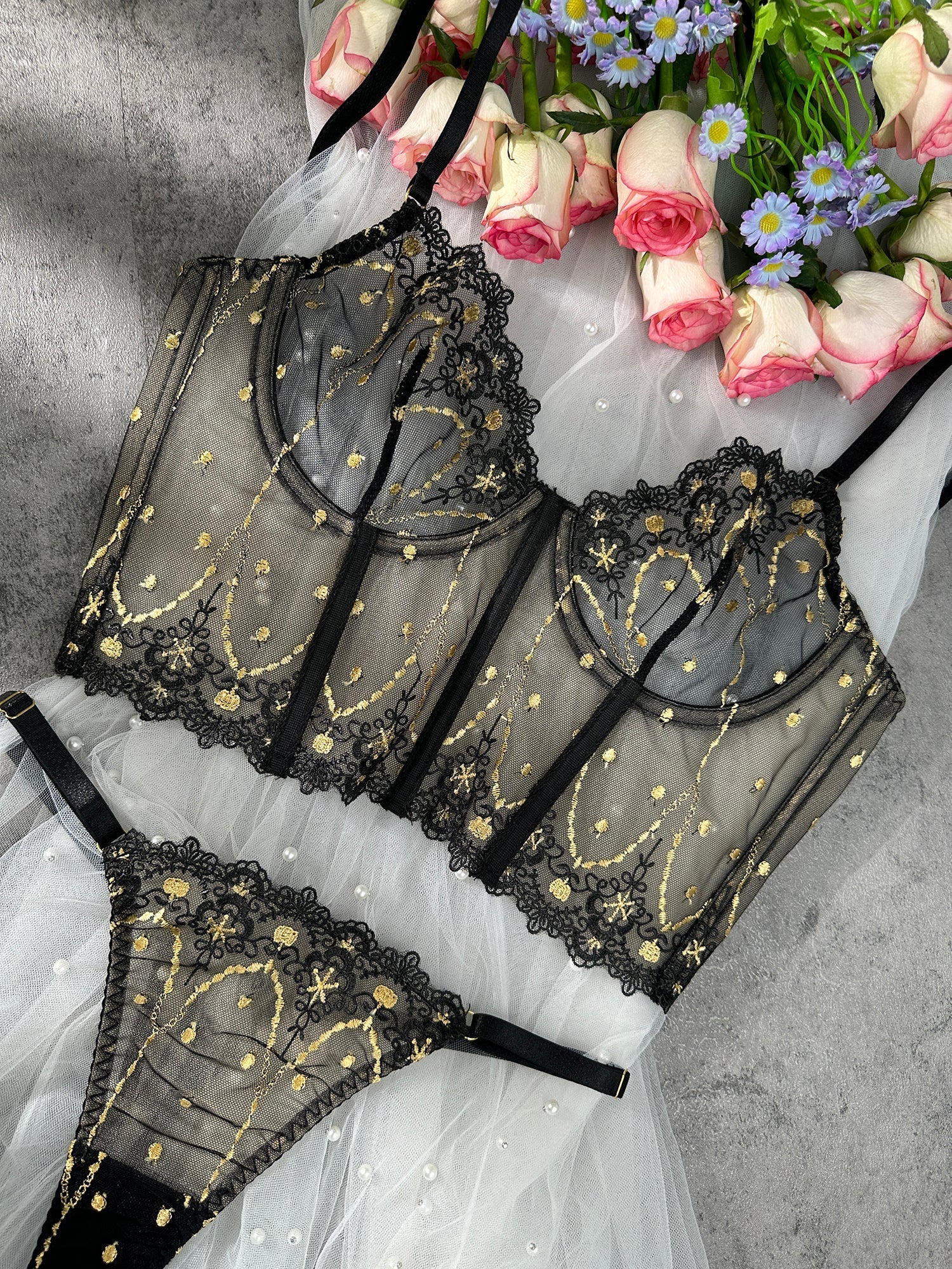 Chic Luxe Noir Gold Lingerie Set With Black Lace Details Hello.LA.Girl