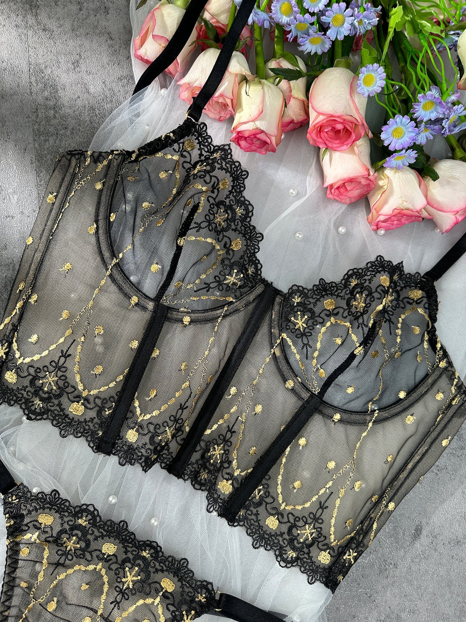Chic Luxe Noir Gold Lingerie Set With Black Lace Details Hello.LA.Girl