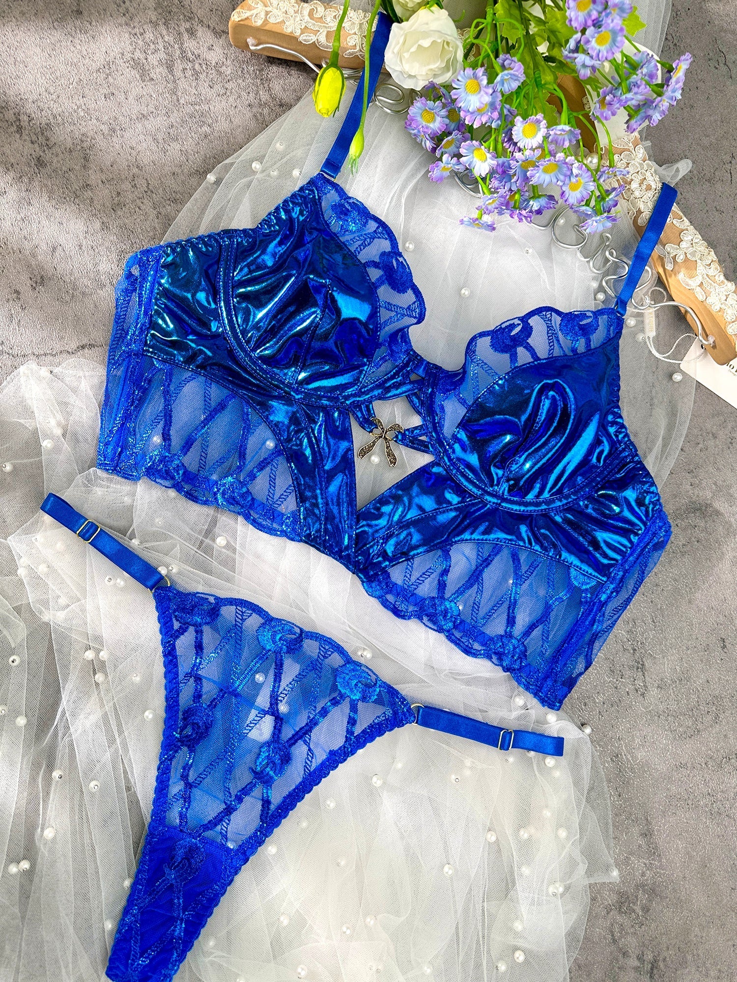 Midnight Blue Leather Lace Embellished Lingerie Set Hello.LA.Girl
