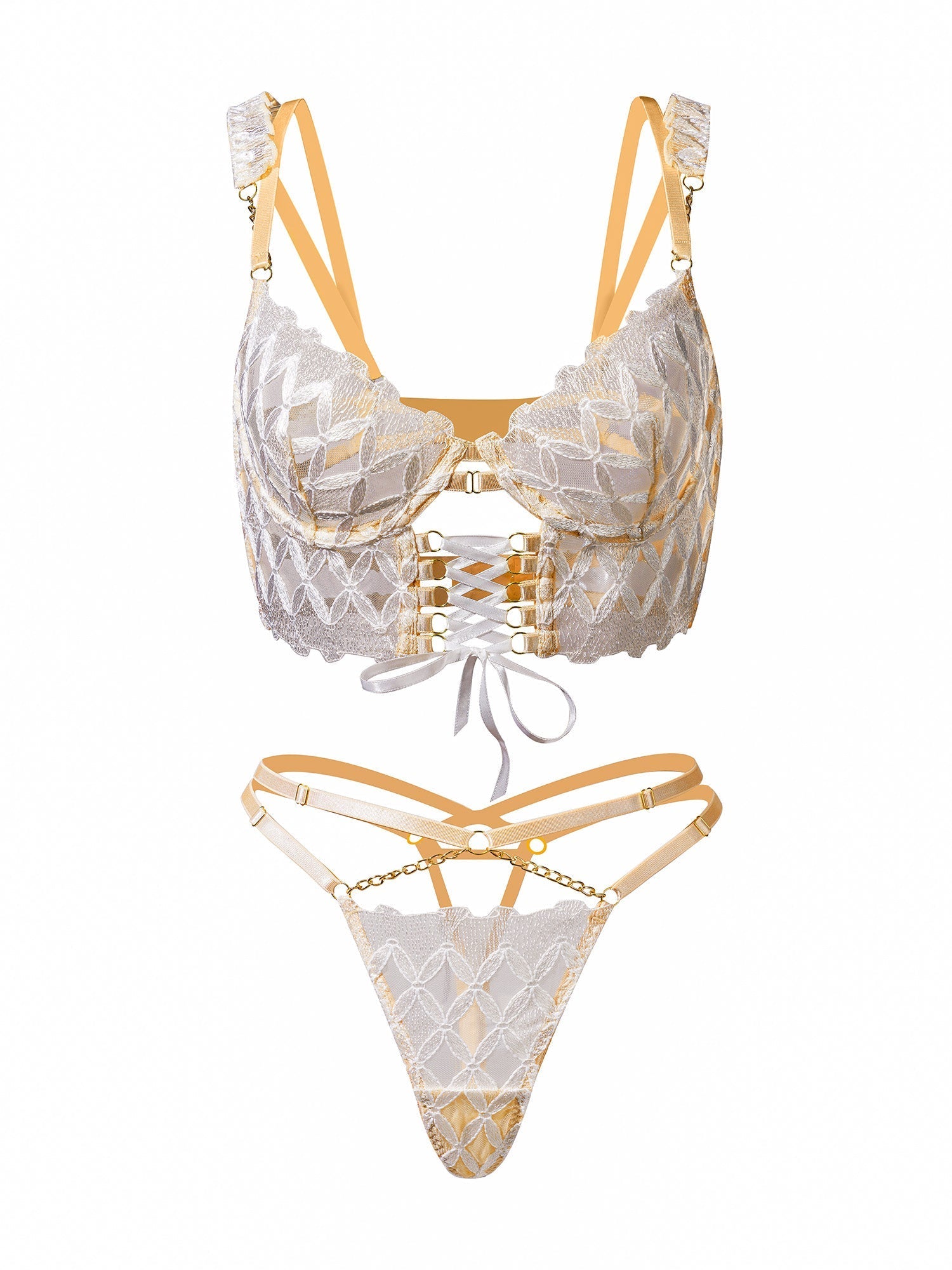 White Embroidery Lingerie Set With Diamond Mesh Embroidery Hello.LA.Girl