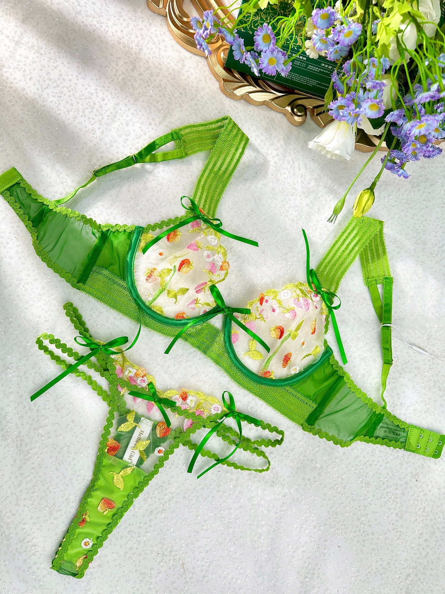 Garden Green Floral Lace Lingerie Set With Wide Straps Hello.LA.Girl