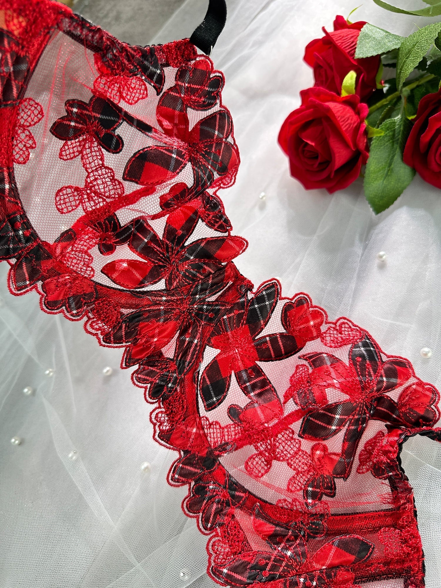 Red Tartan Floral Embroidery Lingerie Set For Women Hello.LA.Girl