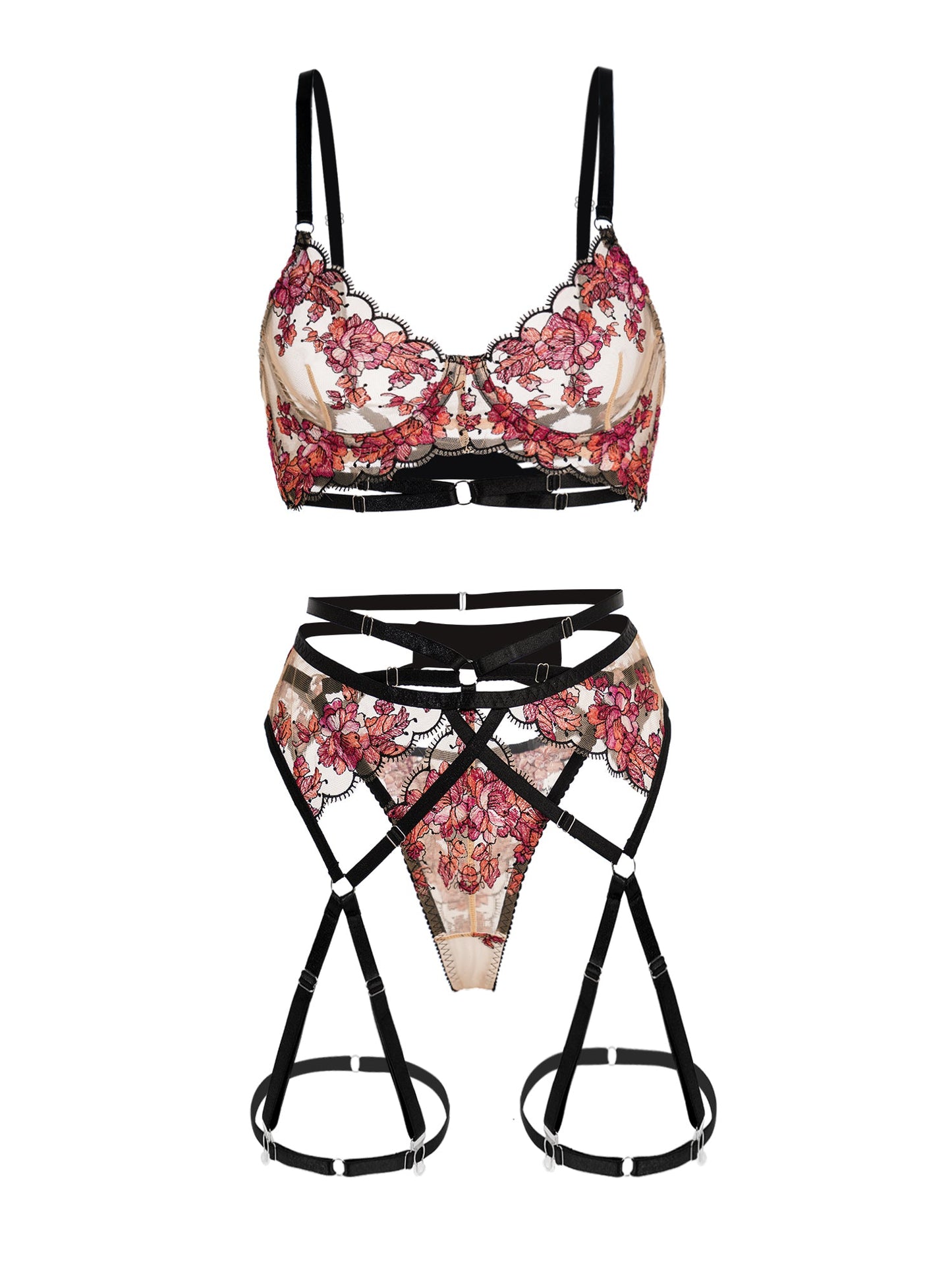 Floral Sheer Lace Lingerie Set with Garter Belt and Thong