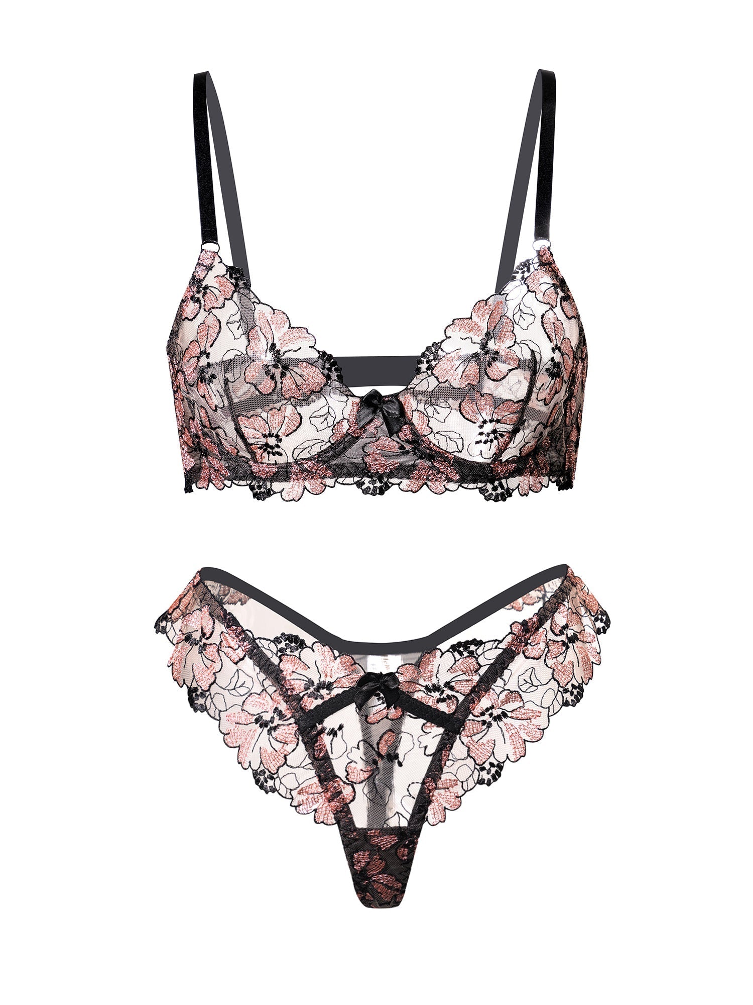 Black& Dustyrose Flutter Lace Lingerie Set Hello.LA.Girl