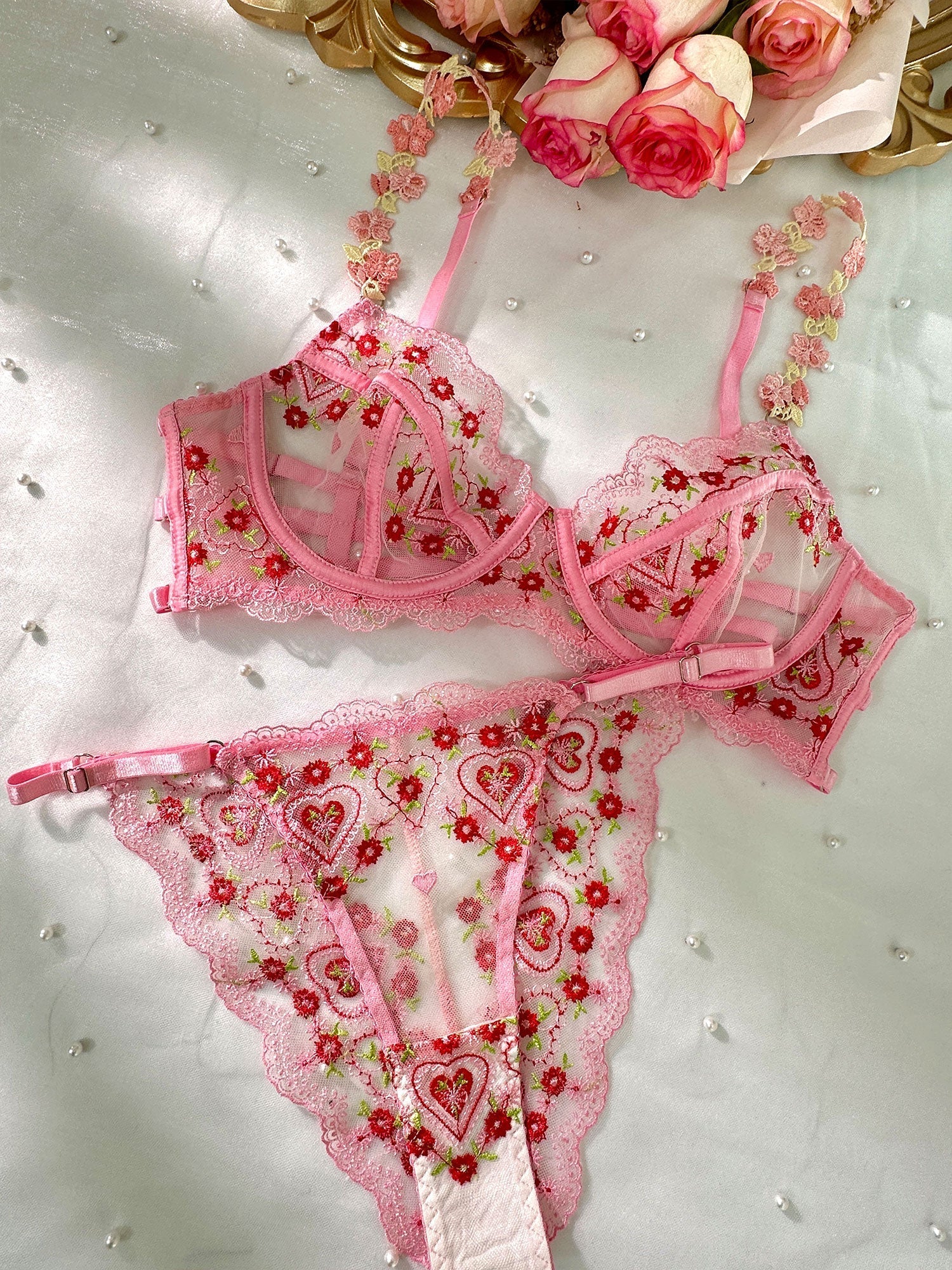 Pink Cute Sweetheart Lace Embroidery Thong For Women Hello.LA.Girl