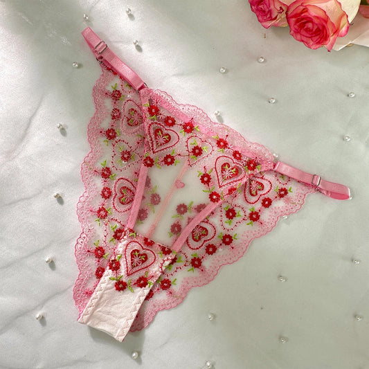 Pink Cute Sweetheart Lace Embroidery Thong For Women Hello.LA.Girl