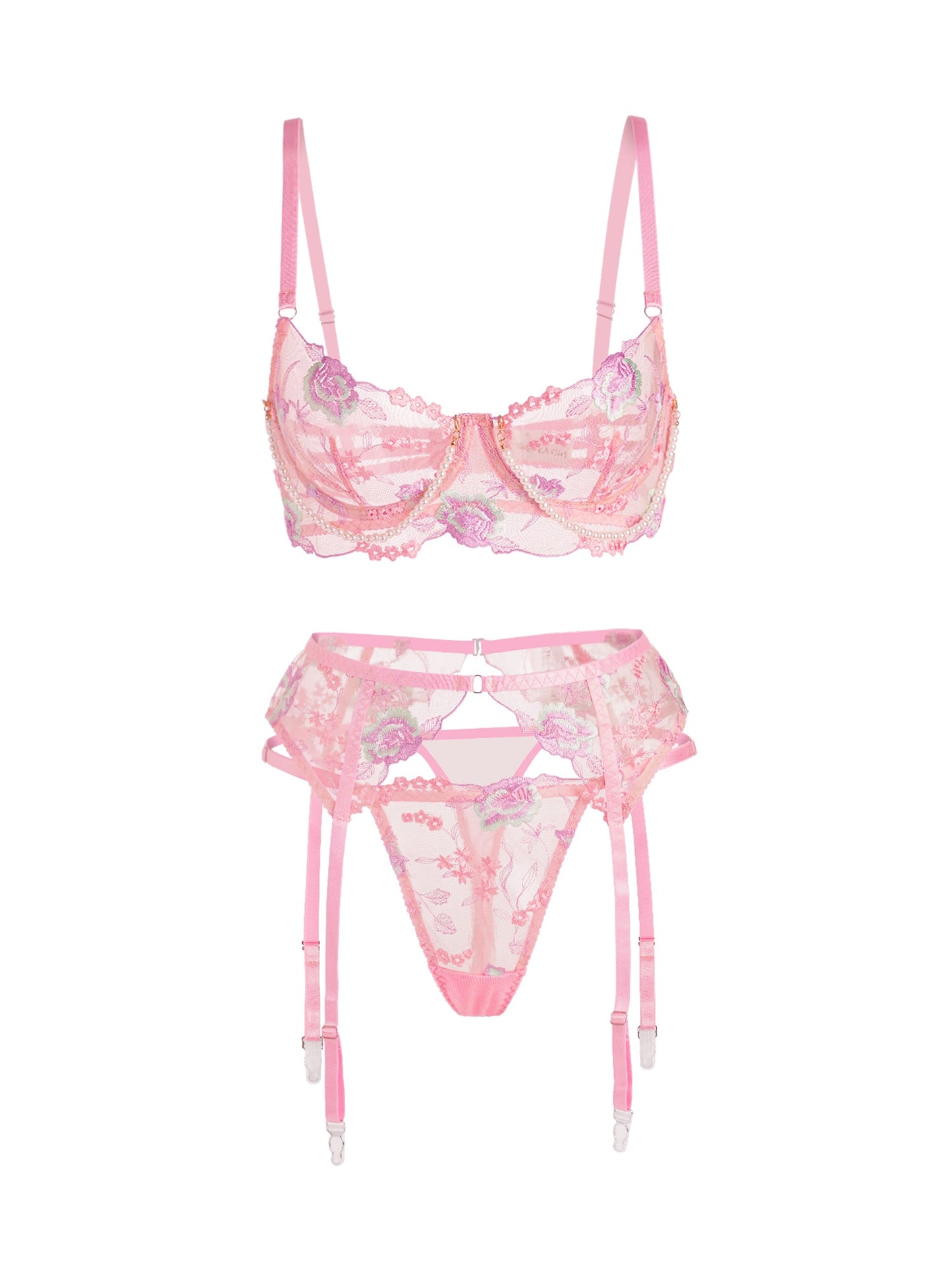 Pink Floral Embroidery Pearl Chain Lingerie Set For Elegance