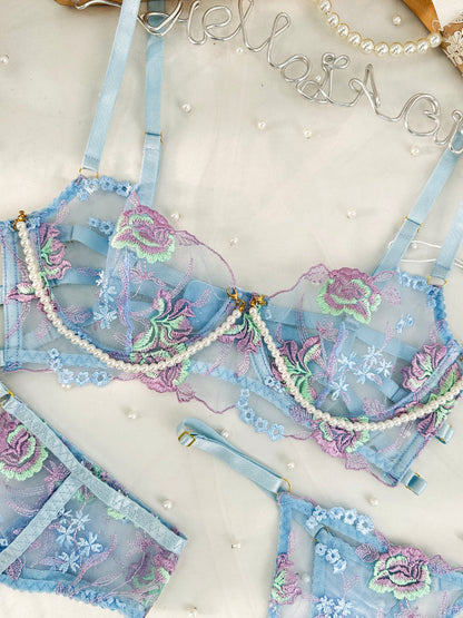 Blue Floral Embroidery Pearl Chain Lingerie Set for Elegance