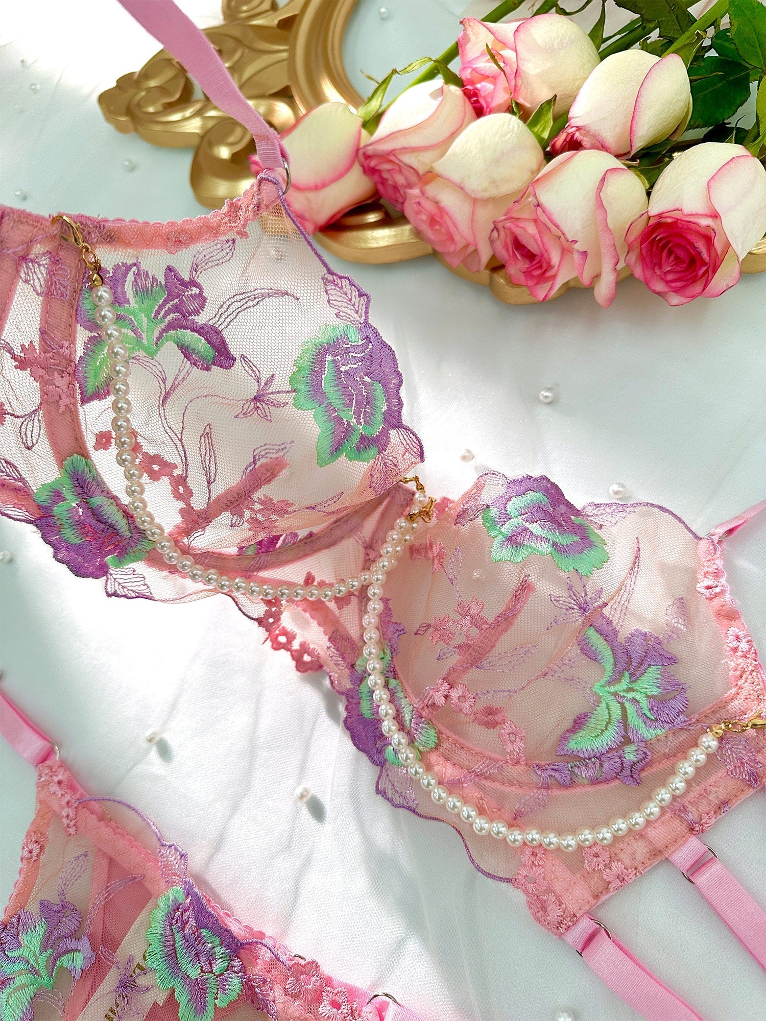 Pink Floral Embroidery Pearl Chain Lingerie Set Delicate Hello.LA.Girl