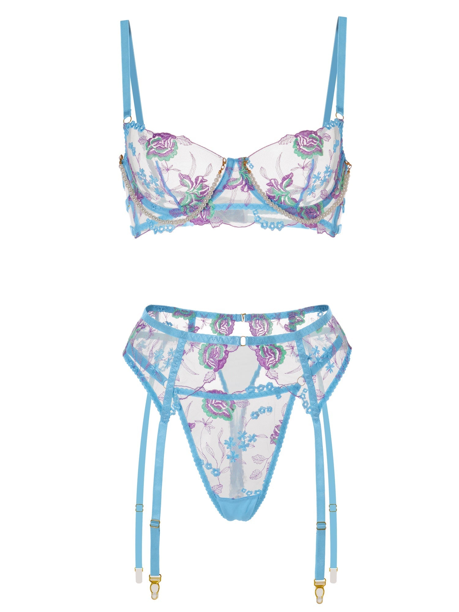 Blue Floral Embroidery Pearl Chain Lingerie Set With Lace Hello.LA.Girl