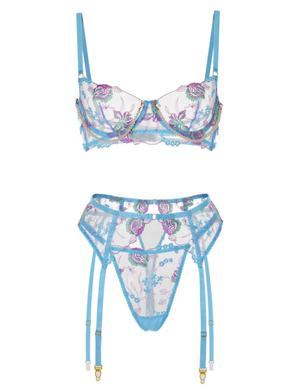 Blue Floral Embroidery Pearl Chain Lingerie Set for Elegance