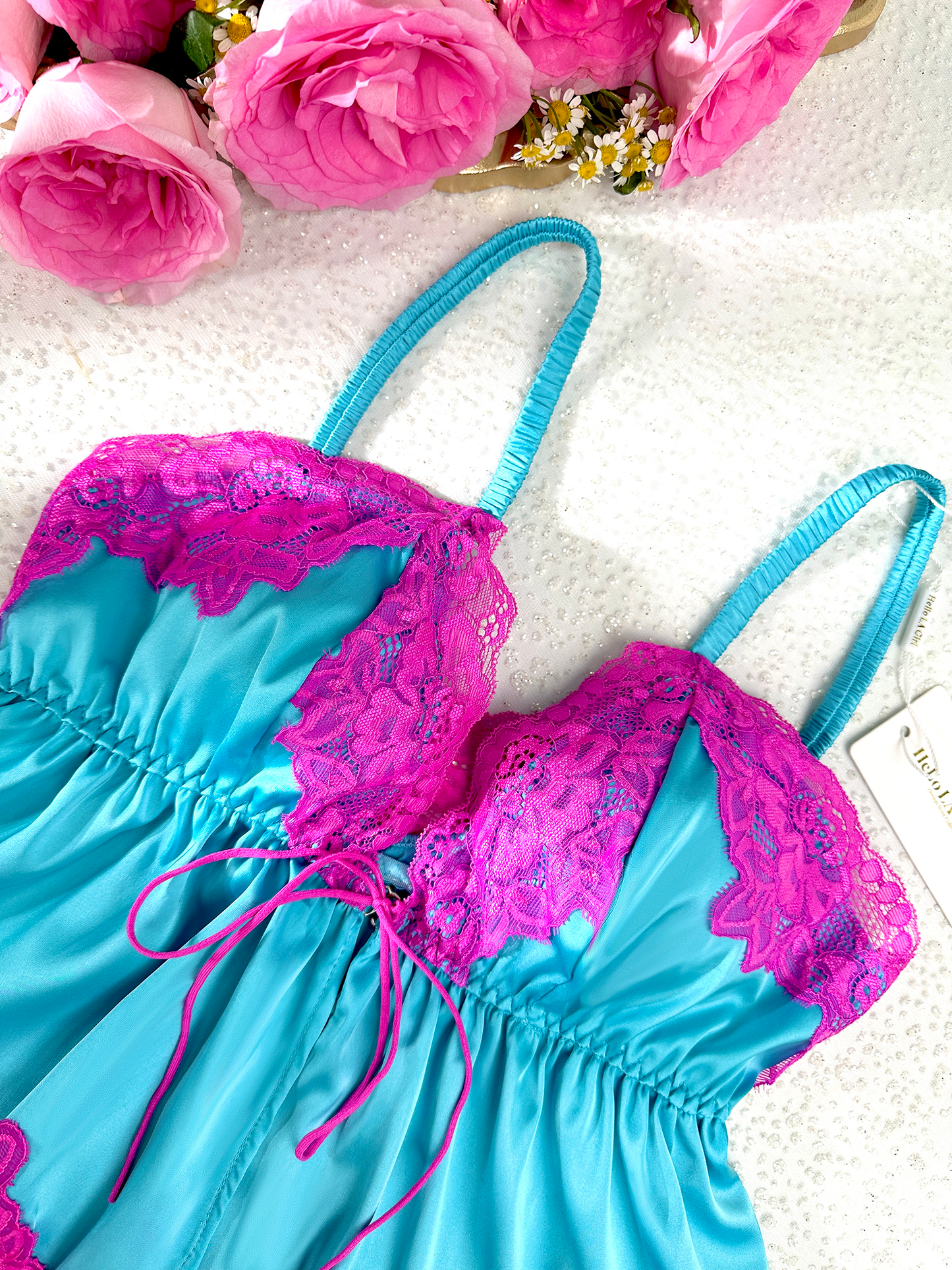 Pink Lace & Blue Silk Contrast Lingerie Set for Elegance