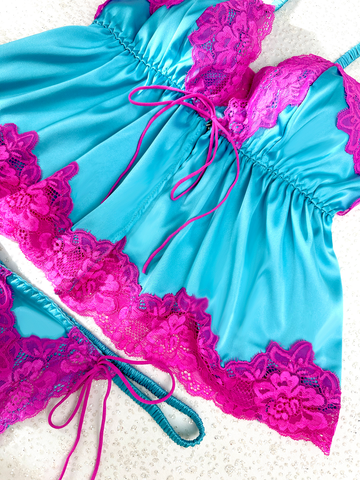 Pink Lace & Blue Silk Contrast Lingerie Set for Elegance