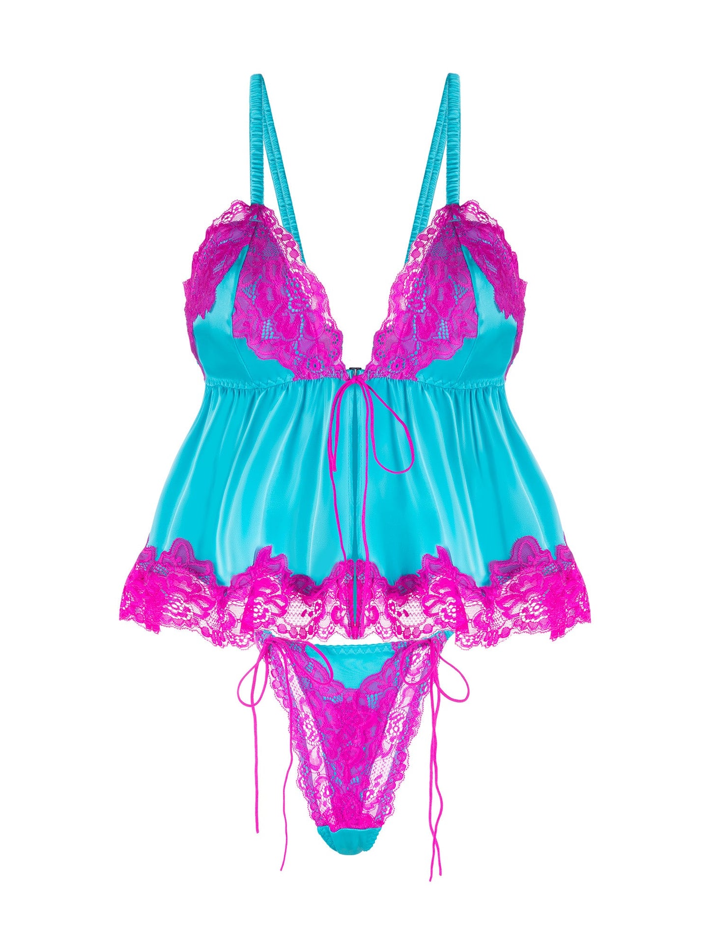 Pink Lace & Blue Silk Contrast Lingerie Set for Elegance