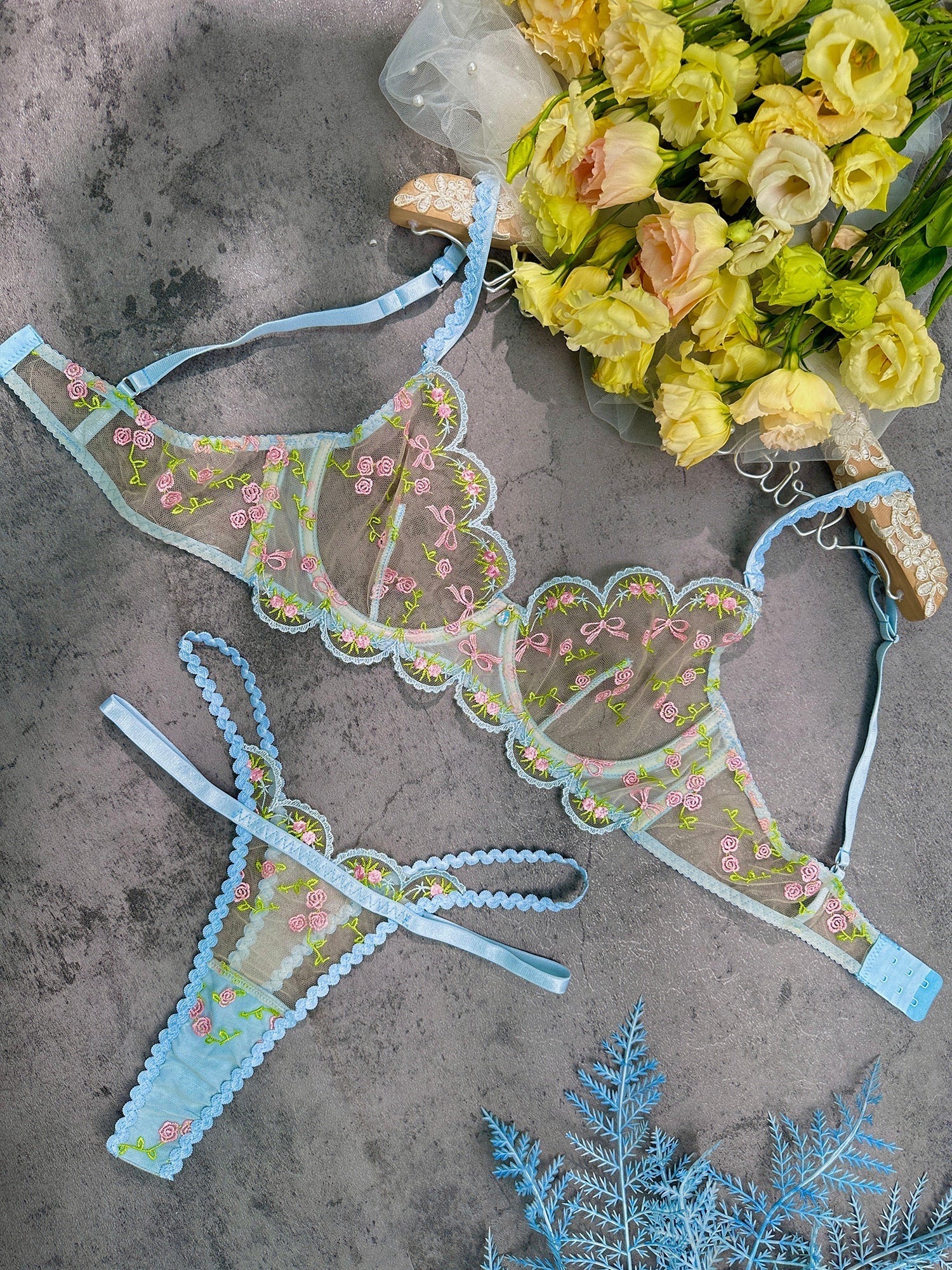 Light Blue Floral Lace Lingerie Set With Rose Print Hello.LA.Girl