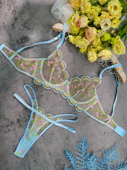 Light Blue Floral Lace Lingerie Set for Romantic Evenings