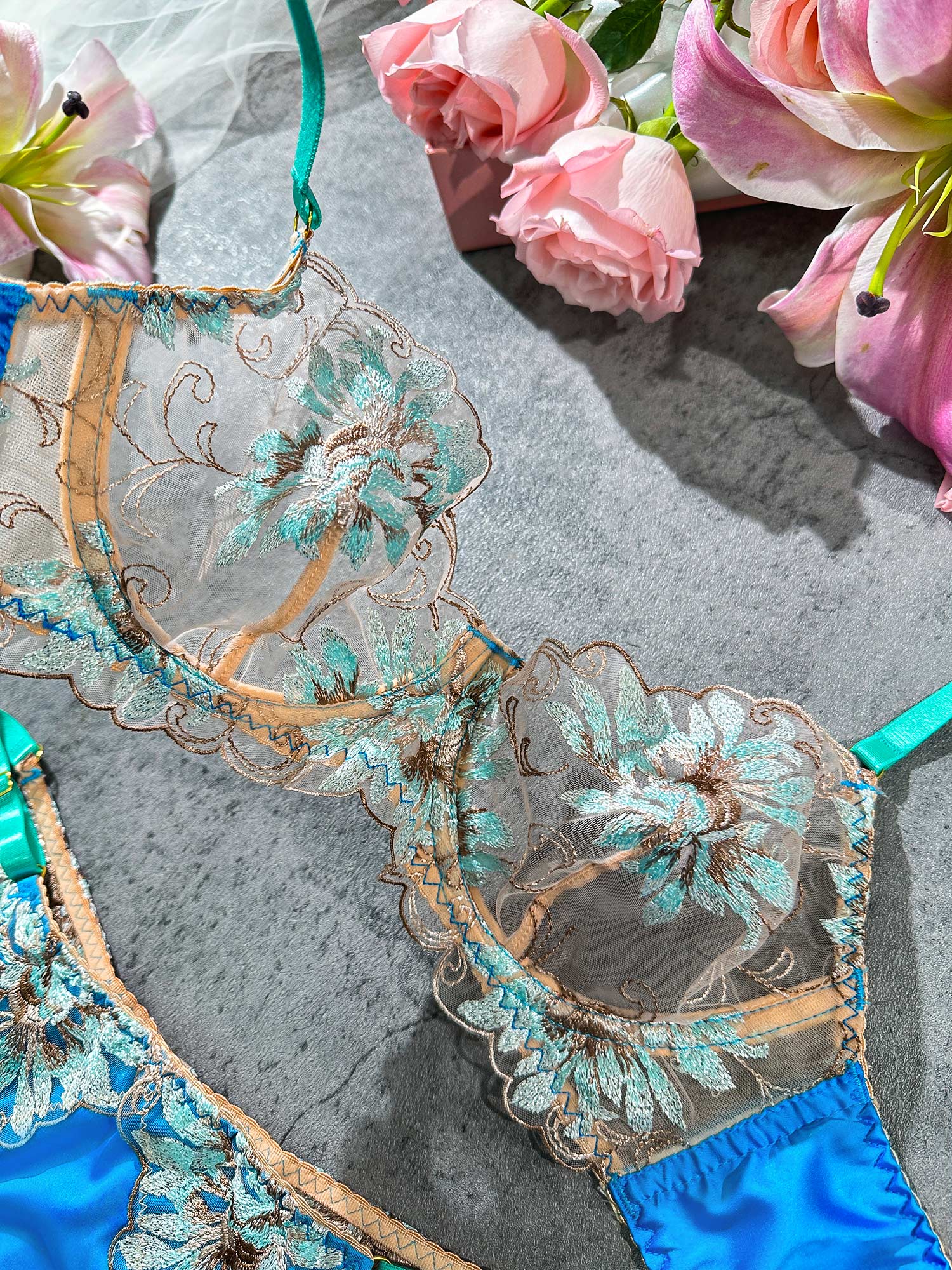 Vintage Peacock Blue Lingerie Set With Floral Embroideries Hello.LA.Girl