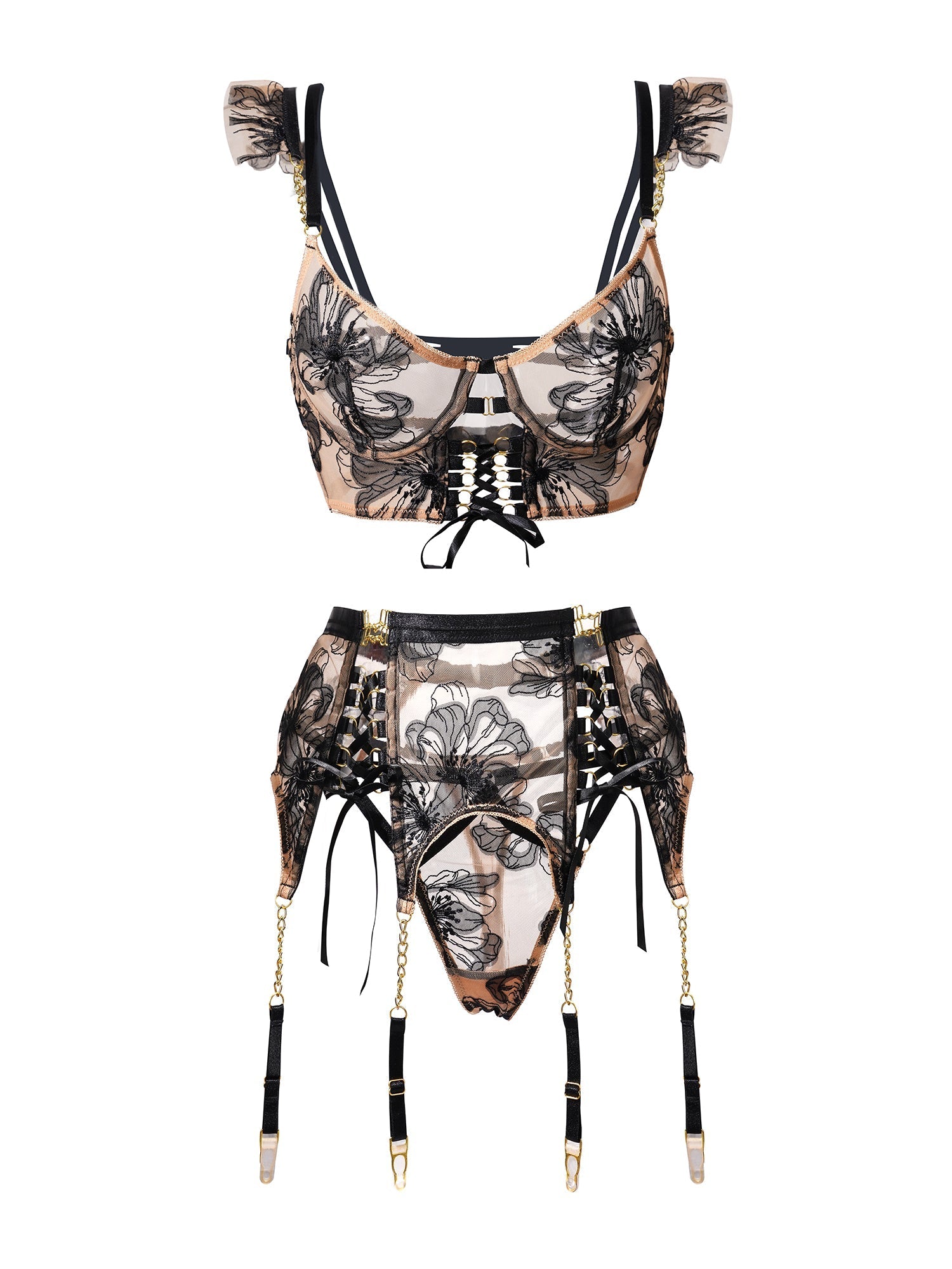Black Nude Ribbon Sculpting Lingerie Set With Lace Hello.LA.Girl