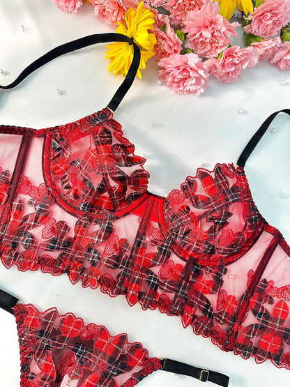 Red Tartan Flower Lingerie Set for Elegant Intimates