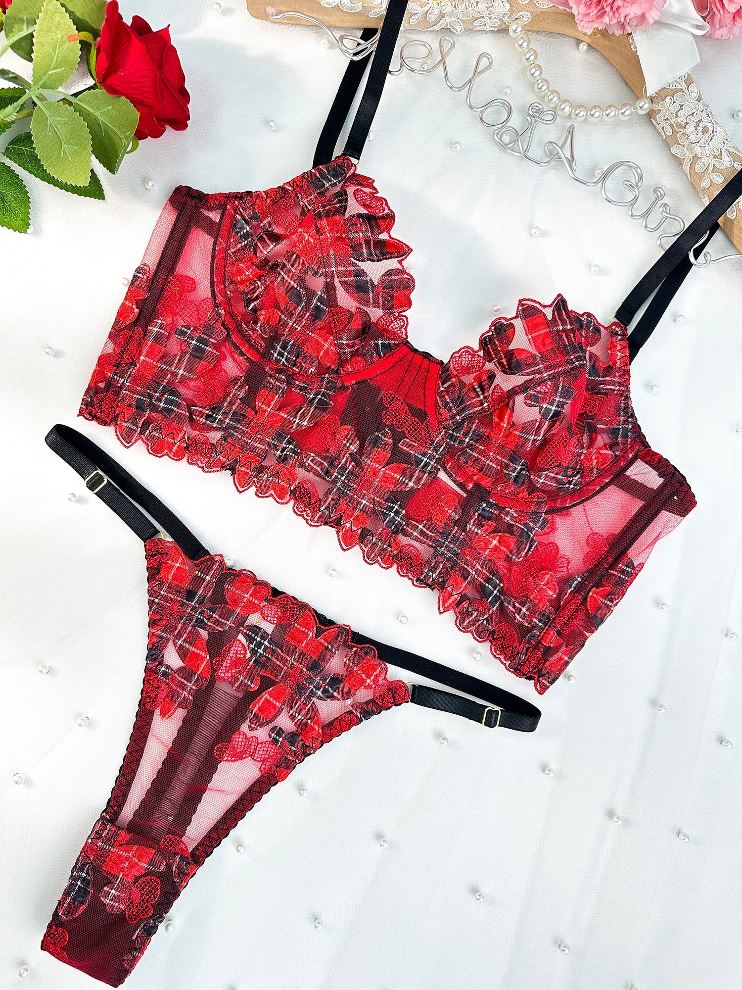 Red Tartan Floral Embroidery Lingerie Set For Women Hello.LA.Girl