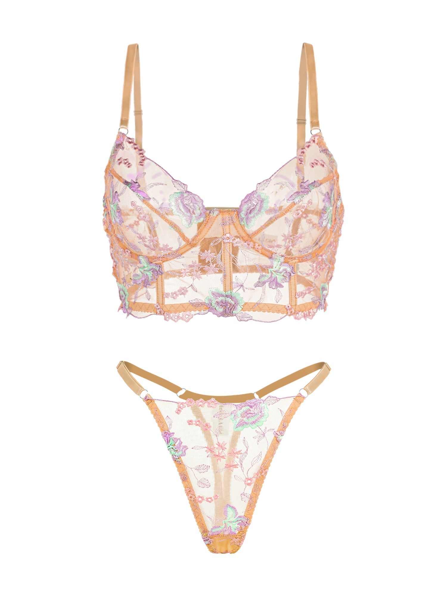 Champagne Floral Sexy Sheer Embroidered Lace Lingerie Set Hello.LA.Girl