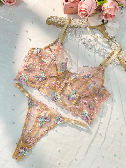 Champagne Floral Sexy Sheer Embroidered Lingerie Set 2 Pcs