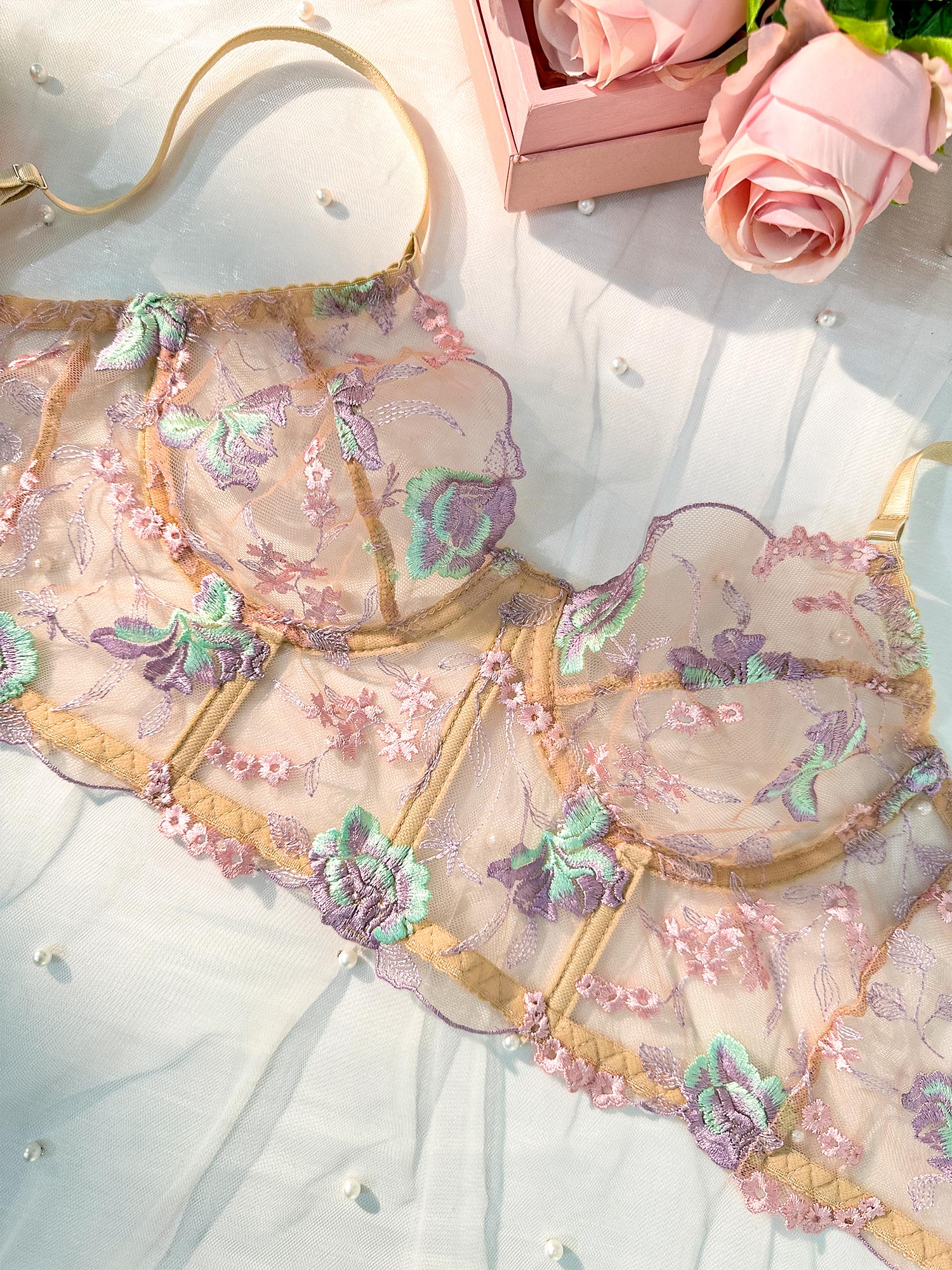 Champagne Floral Sexy Sheer Embroidered Lace Lingerie Set Hello.LA.Girl