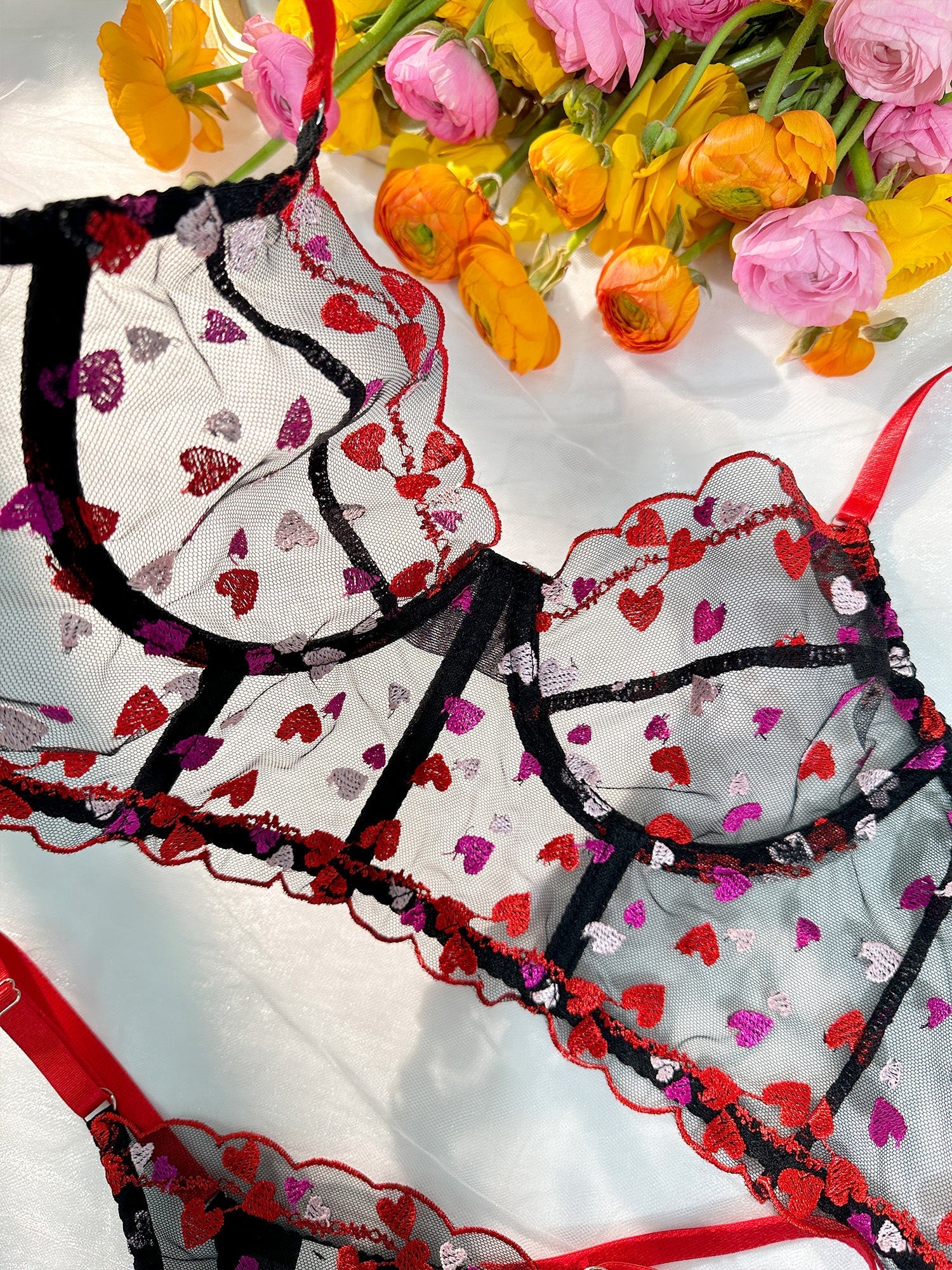 Valentines Day Sheer Embroidered Underwired Lingerie Set Hello.LA.Girl