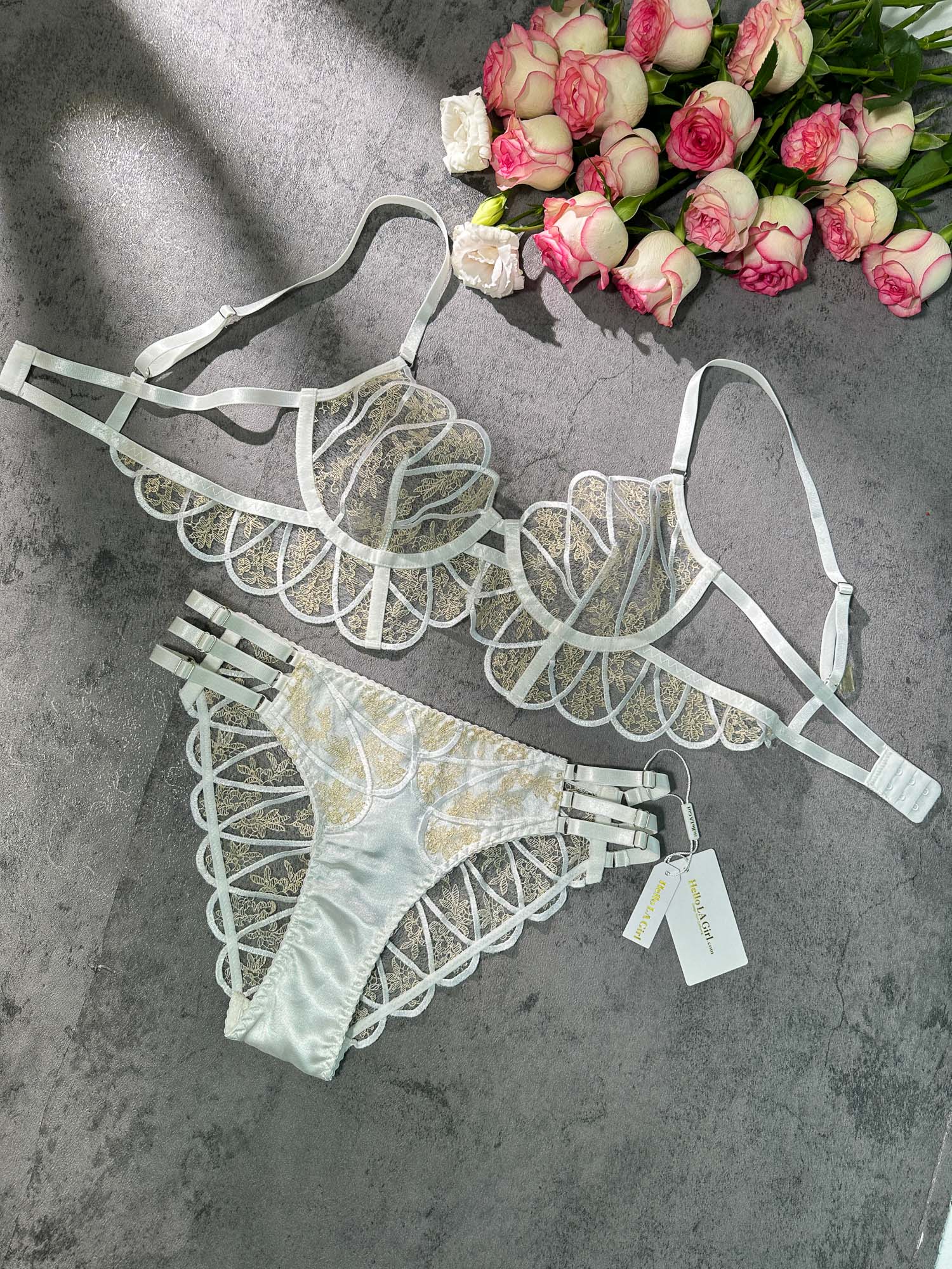 Heavenly Glow White Satin Lingerie Set Gold Embroidery Hello.LA.Girl