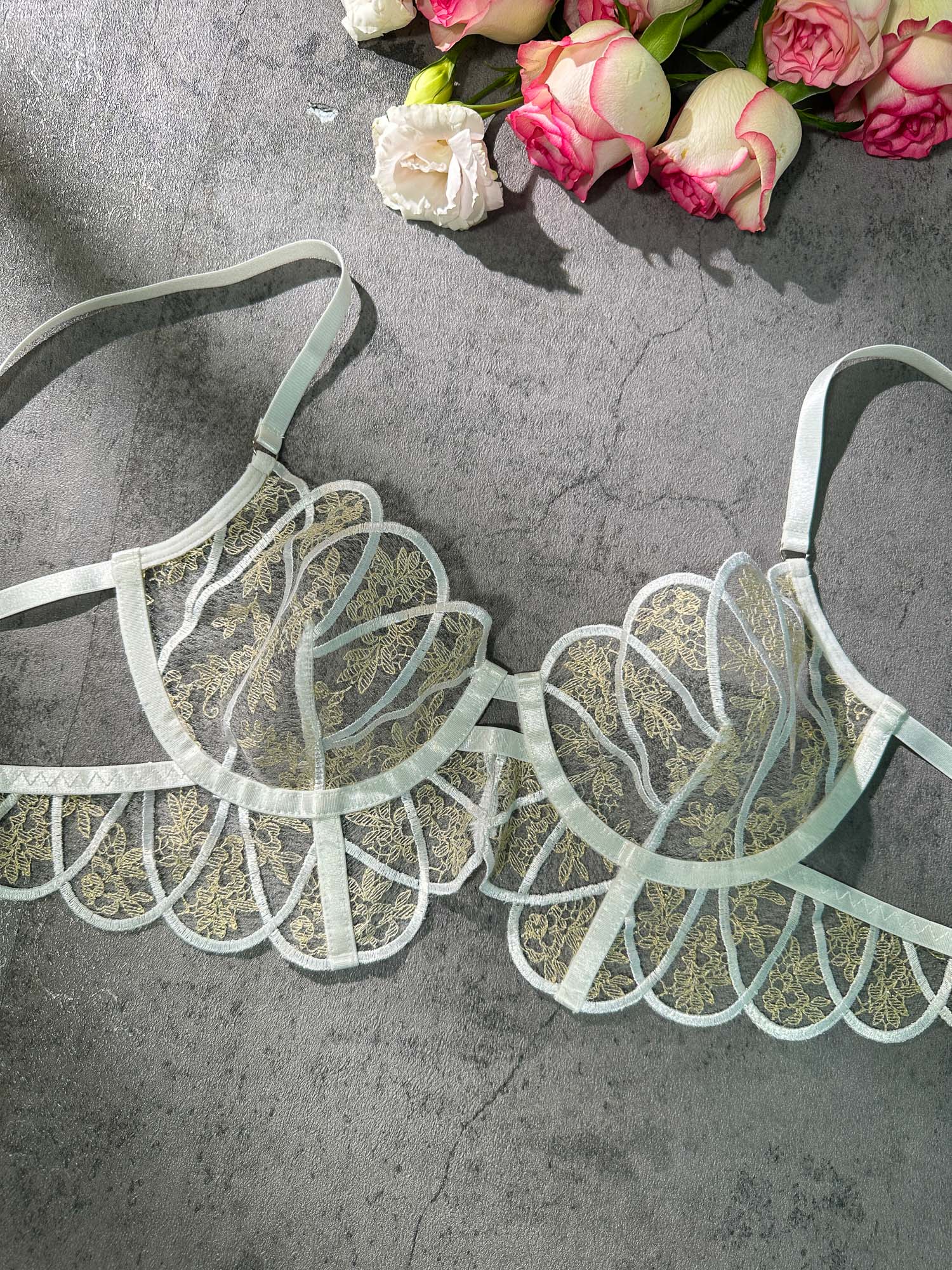 Heavenly Glow White Satin Lingerie Set Gold Embroidery Hello.LA.Girl