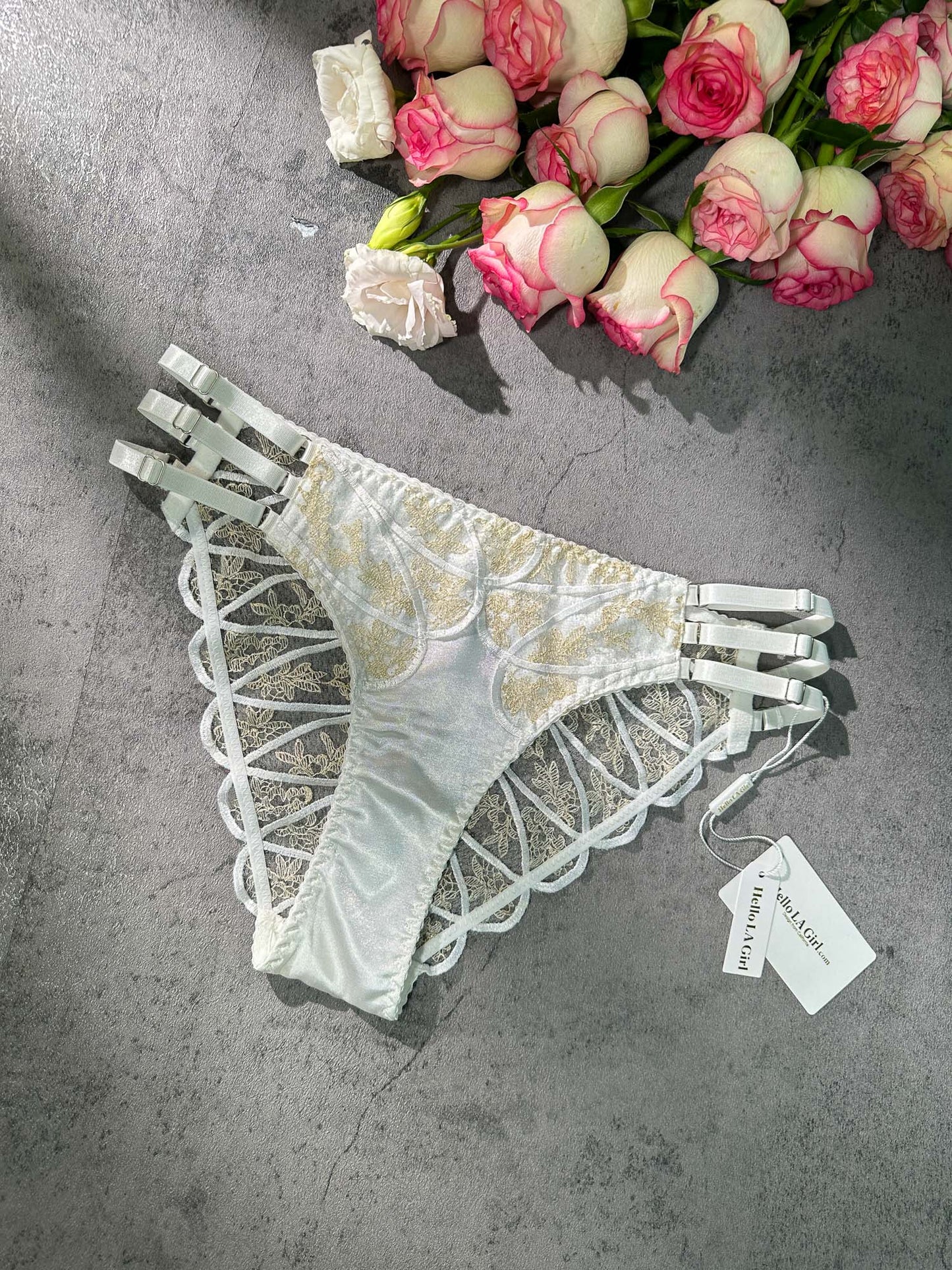 White&Gold  Embroidery Thong