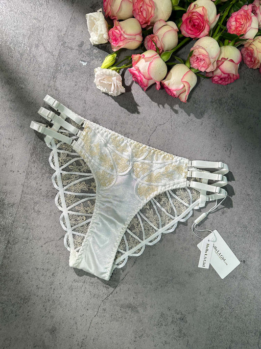 White Gold Embroidered Lingerie Thong With Premium Fit Hello.LA.Girl