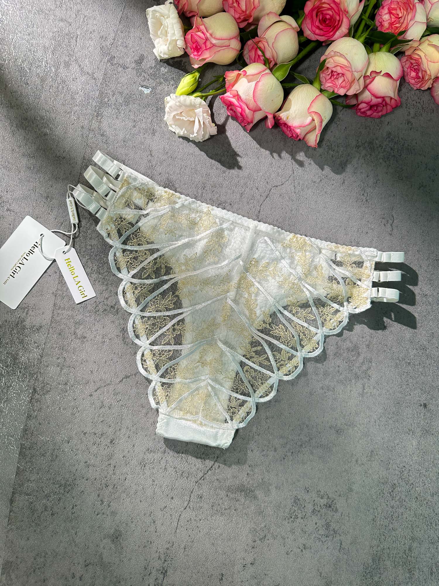 White&Gold  Embroidery Thong Hello.LA.Girl