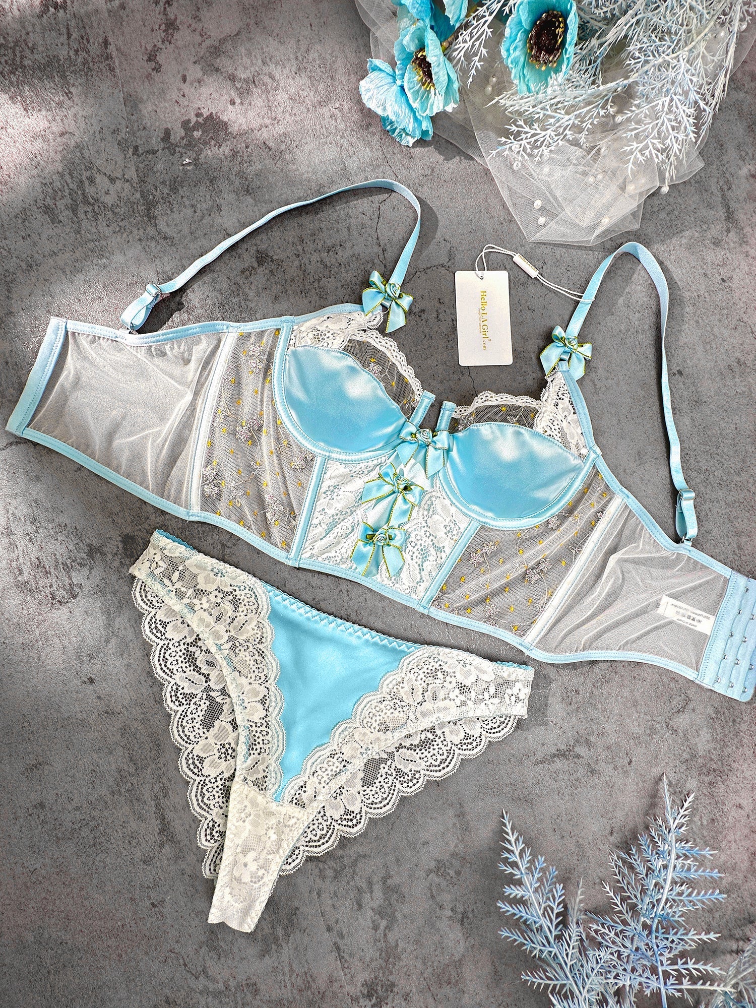 Baby Blue Satin Rosette Bow Lingerie Set With Lace Details Hello.LA.Girl