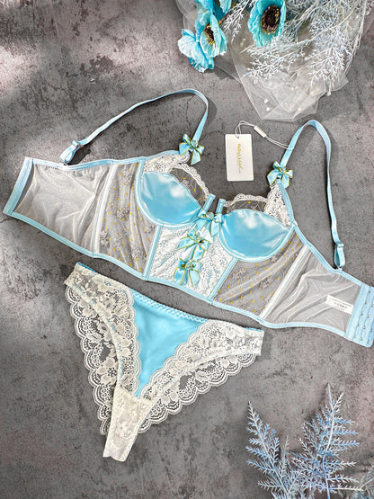 Baby Blue Satin Rosette Bow Lingerie Set