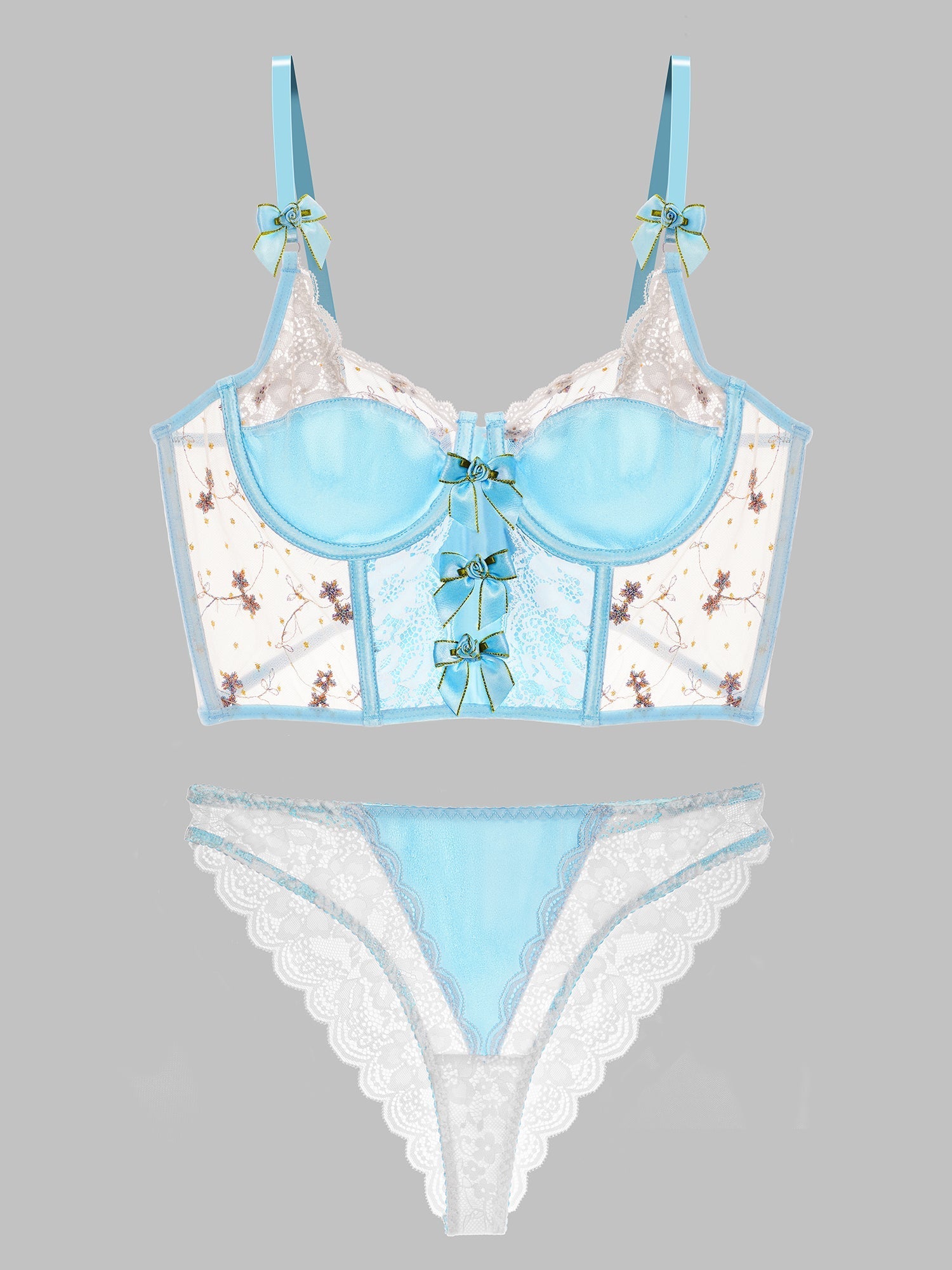 Baby Blue Satin Rosette Bow Lingerie Set With Lace Details Hello.LA.Girl