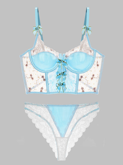 Baby Blue Satin Rosette Bow Lingerie Set for Elegance