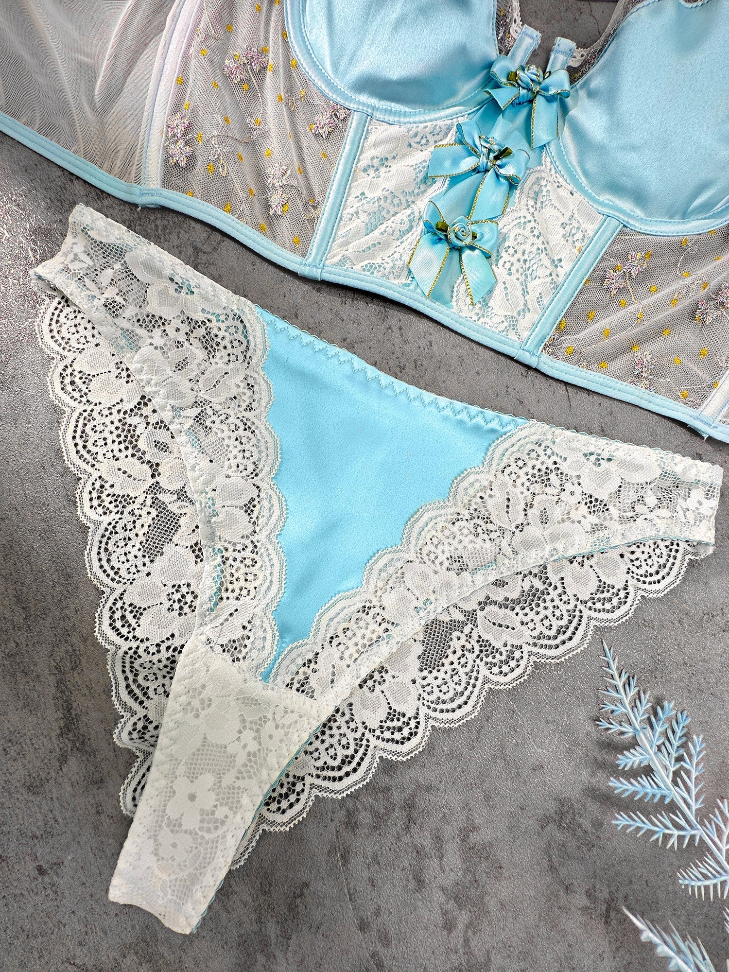 Baby Blue Satin Rosette Bow Lingerie Set With Lace Details Hello.LA.Girl