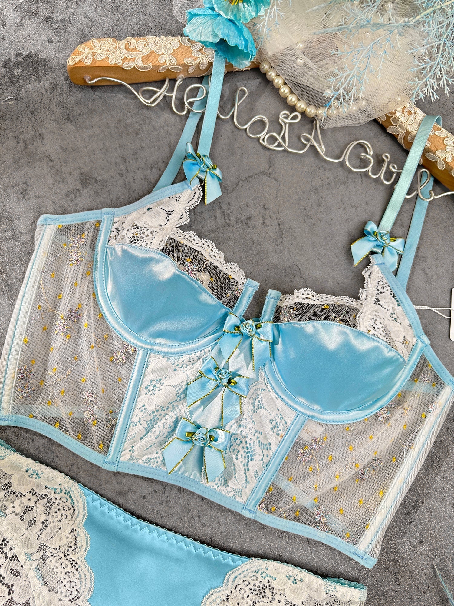 Baby Blue Satin Rosette Bow Lingerie Set With Lace Details Hello.LA.Girl