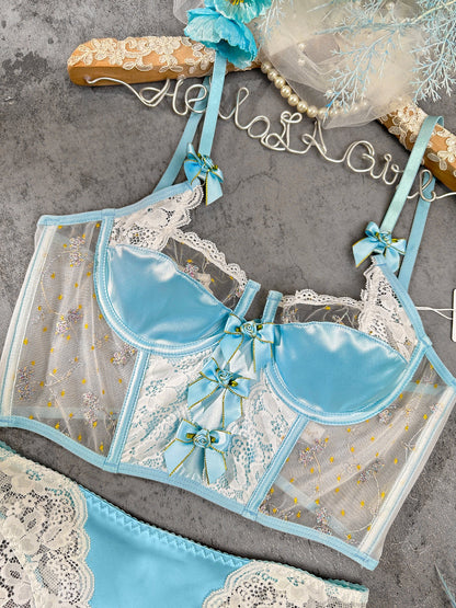 Baby Blue Satin Rosette Bow Lingerie Set